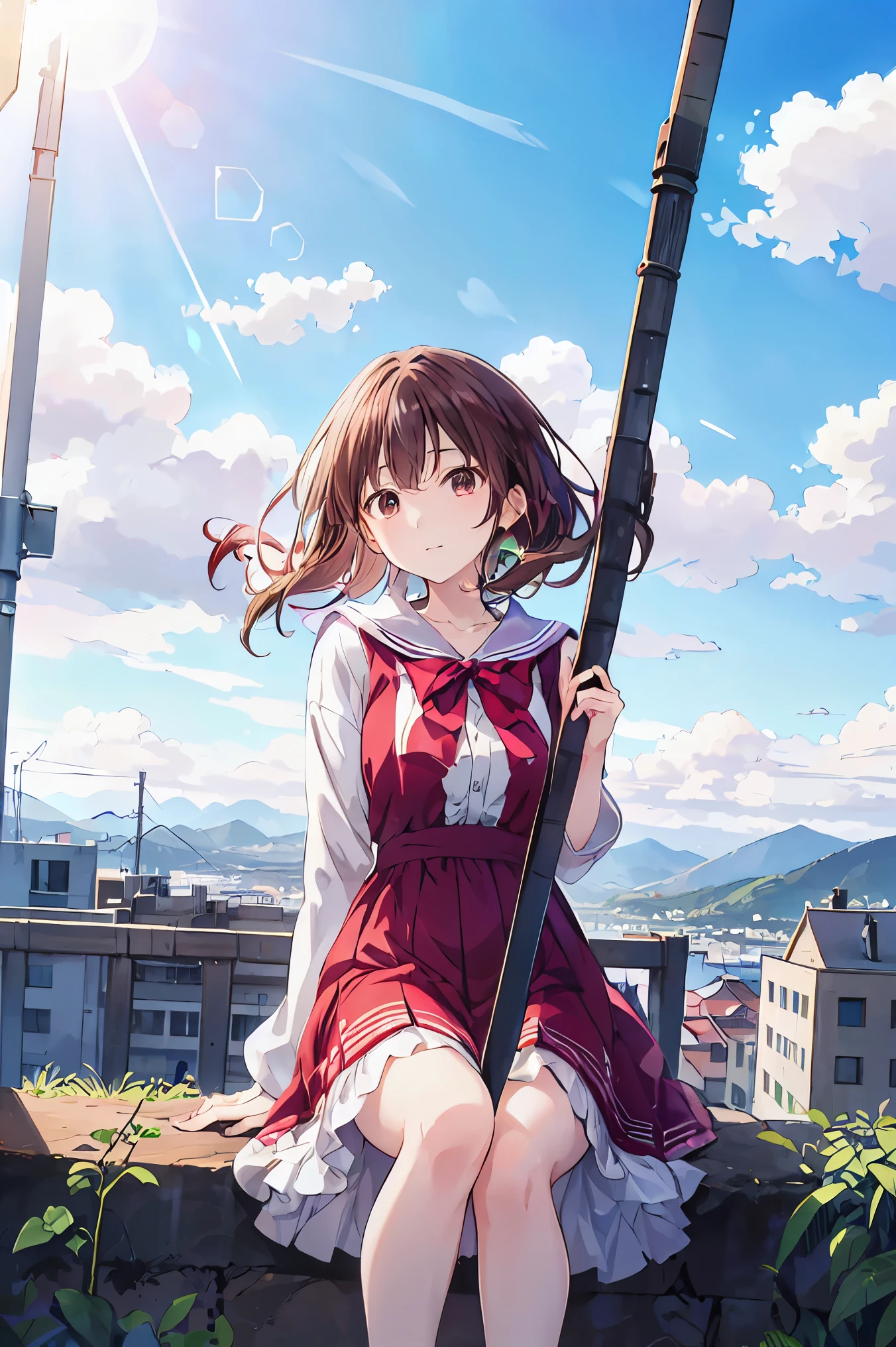 absurd, high resolution, ( anime style:1.1), ((masterpiece)), ((TOP QUALITY)), (超high resolution), ( beautiful), solo, beautiful face、(Lift Up),A cute 、Overlooking the ground from bad scaffolding above a 2000m tall building,wind, light brown hair, has brown eyes , laughs,watch viewers, lens flare,dramatic, ANCIENT CITY、 windになびくスカート、Clouds looking down 、Highlands、 See Below 、Don't look here
