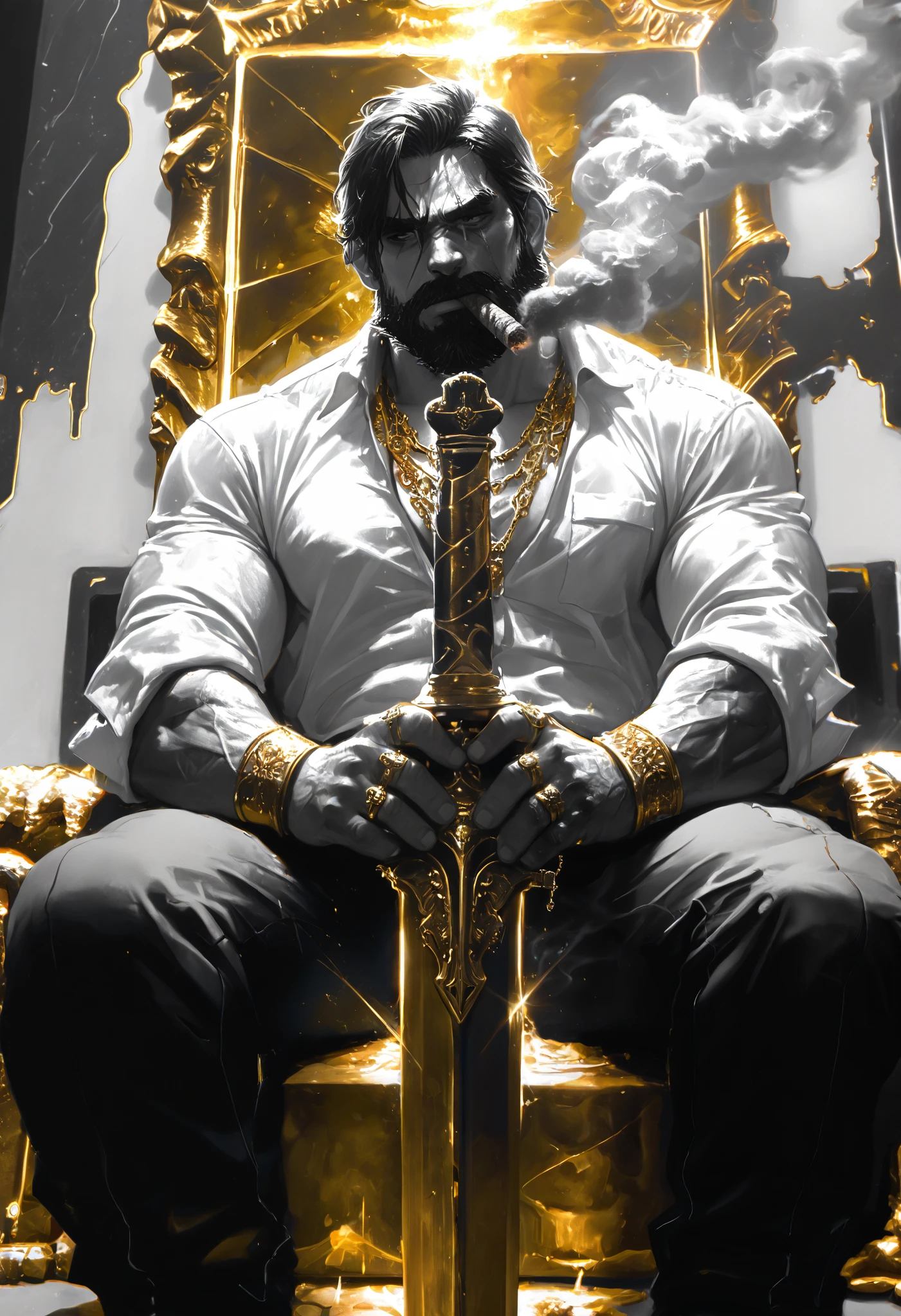 masterpiece,the best quality, newest ,absurdres, highres,Very far, a boy,sword combat, monochrome,grayscale,((giant gold-colored garrote on the background)), white shirt,Pure Cuban cigar,facial scar,chains and jewelry around the neck,rings,intimidating pose,open legs, muscular,big and strong man,thick beard,expelling smoke,Hock