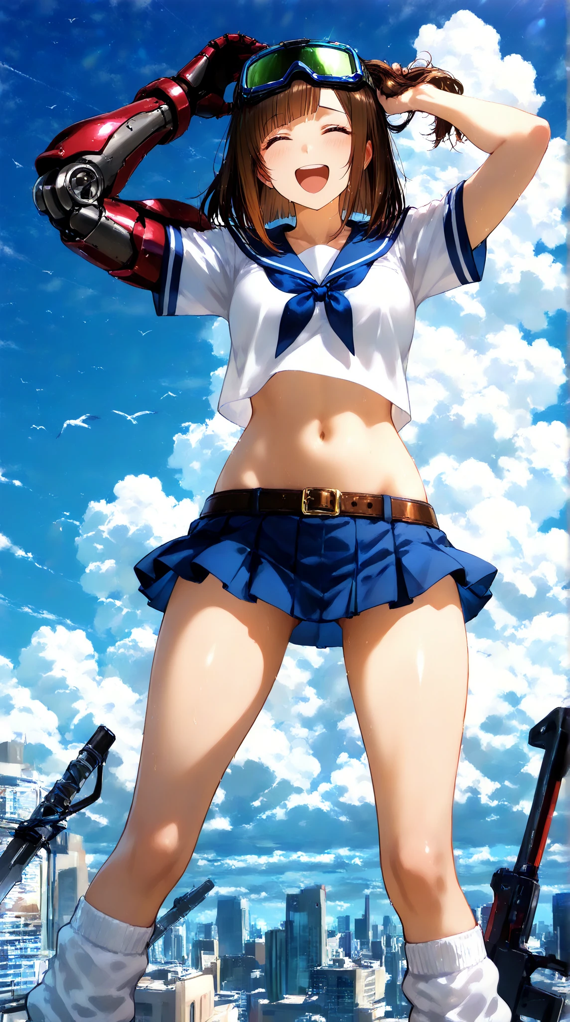 1teen_ girl, loli,brown_hair, medium_bob_hair, blue_midriff_baring_sailor_uniform, mini_skirt, short_sleeve, thighhighs, large_tits, angry, smile,open_mouth, standing, ,harbor_background,slightly_spread_legs, ,happy, nsfw, black_ short_gloves