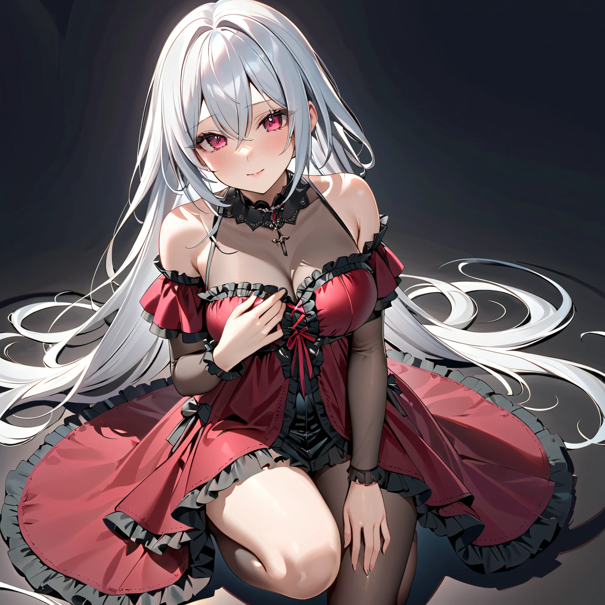 (TOP QUALITY,  masterpiece,  super precise, high resolution), 8k,  Anatomically Accurate Body ,  anime girl wearing nice armor has long white hair、 wearing a nice dress, Change in dress, Nightcore, red dress,  Gothic Maiden anime girl , White-haired goddess, beautiful charming anime woman, simple background,  on all fours,  face the front,   from above,  beautiful face,  perfect face, 非常に詳細な beautiful faceと目,  attractive face , detailed faces, Delicate Facial Features,  cross your legs ,  place hands on chest ,Clear Baby Doll, (( see-through)), ((Frill Baby Doll)), (( see-through)), off shoulder (( see-through)),