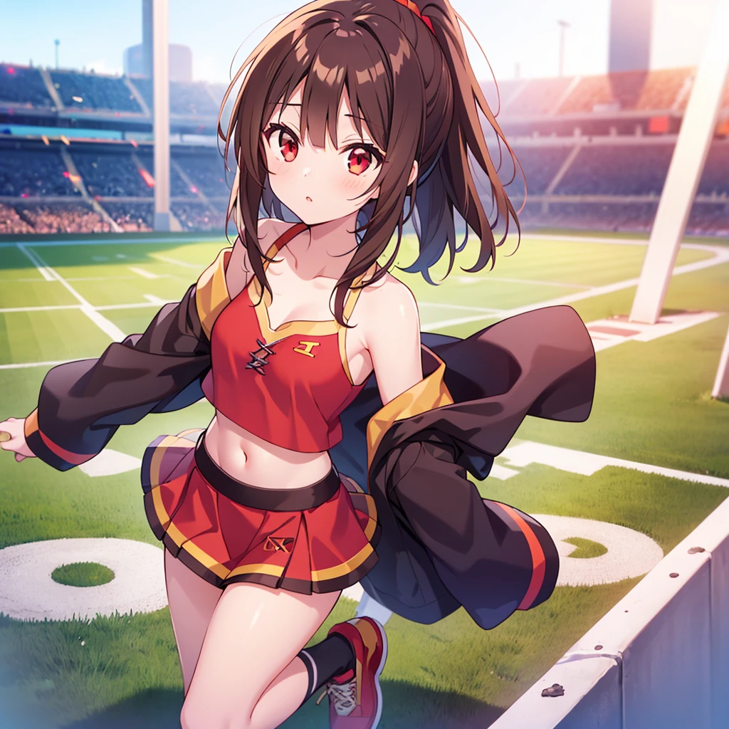 masterpiece, 1girl, cheer leader, sexy,sensual,defined abdomen, pussy, vulva, no panties,skirt, red clothes, stadium background, BREAK perfect face,expressive eyes,happy, exausted,sweat, arms up