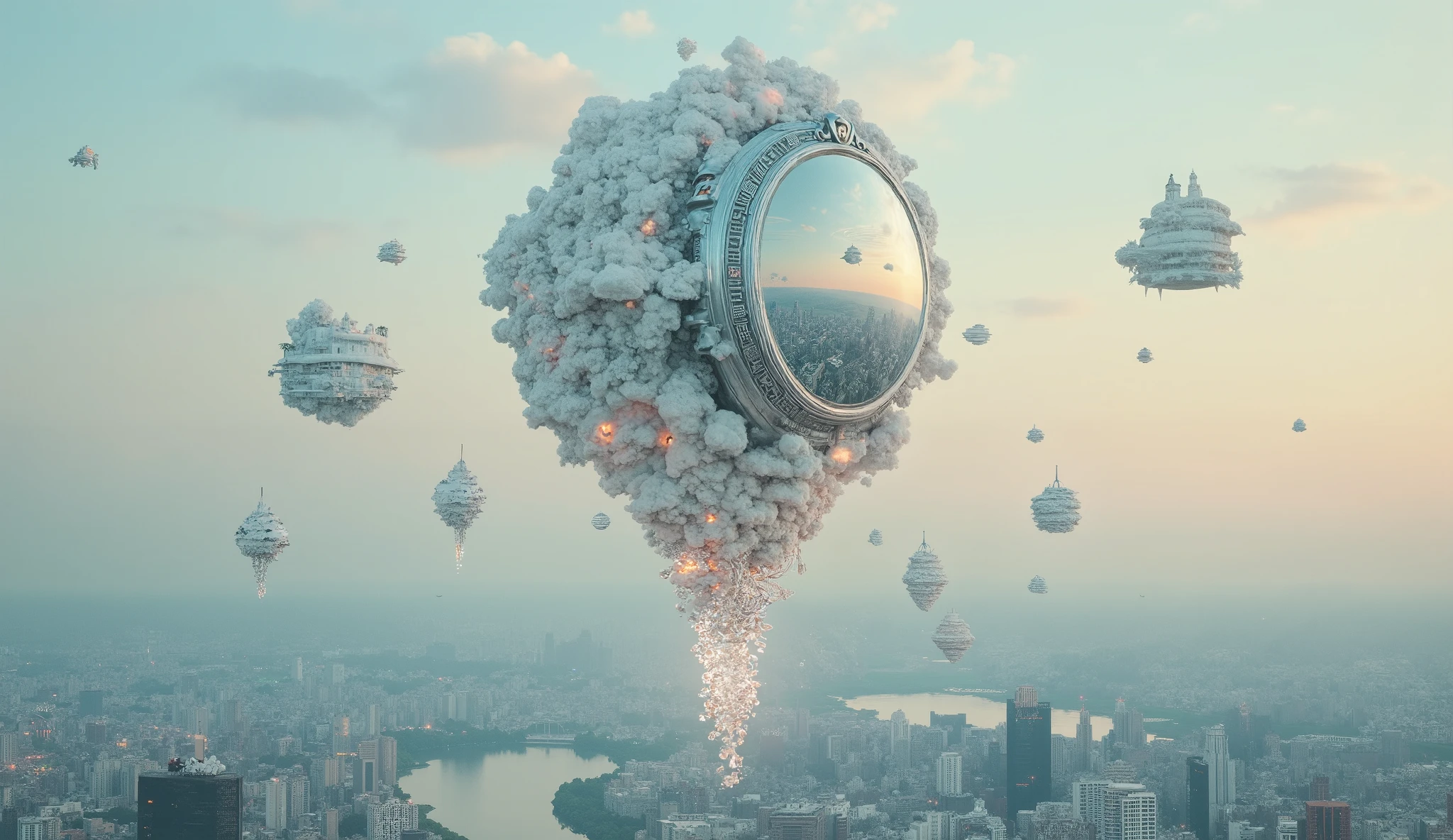 The suspended muse begins to move slowly, its presence ethereal seems to merge with the dystopian landscape around it. The mirror on your face reflects not only the city, but a horizon that seems infinite, full of forms that are constantly deformed and reconfigured. The floating buildings, that resemble a mix of Victorian and Futurist architecture, crumble into particles of light and matter. The watches continue to disintegrate in the air, leaving trails of energy that dissipate in the void. the atmosphere , imbued with pastel tones and soft lights, accentuates the feeling of a world in constant transformation. All in 8K, with cinematic lighting and hyperrealistic details.