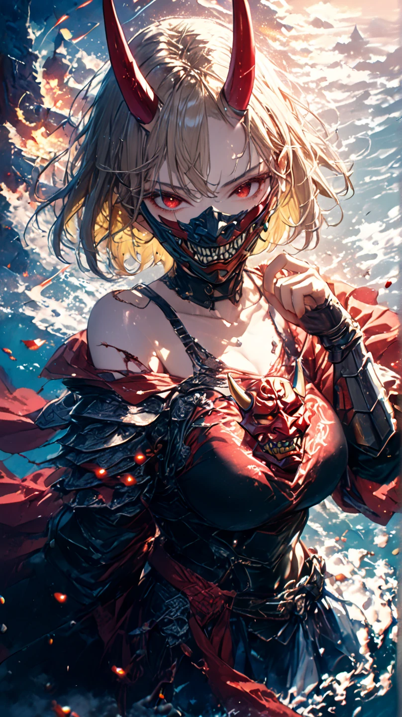 Blonde hair in a bun, dripping with blood, creepy woman, villain, yankee, scary smile,