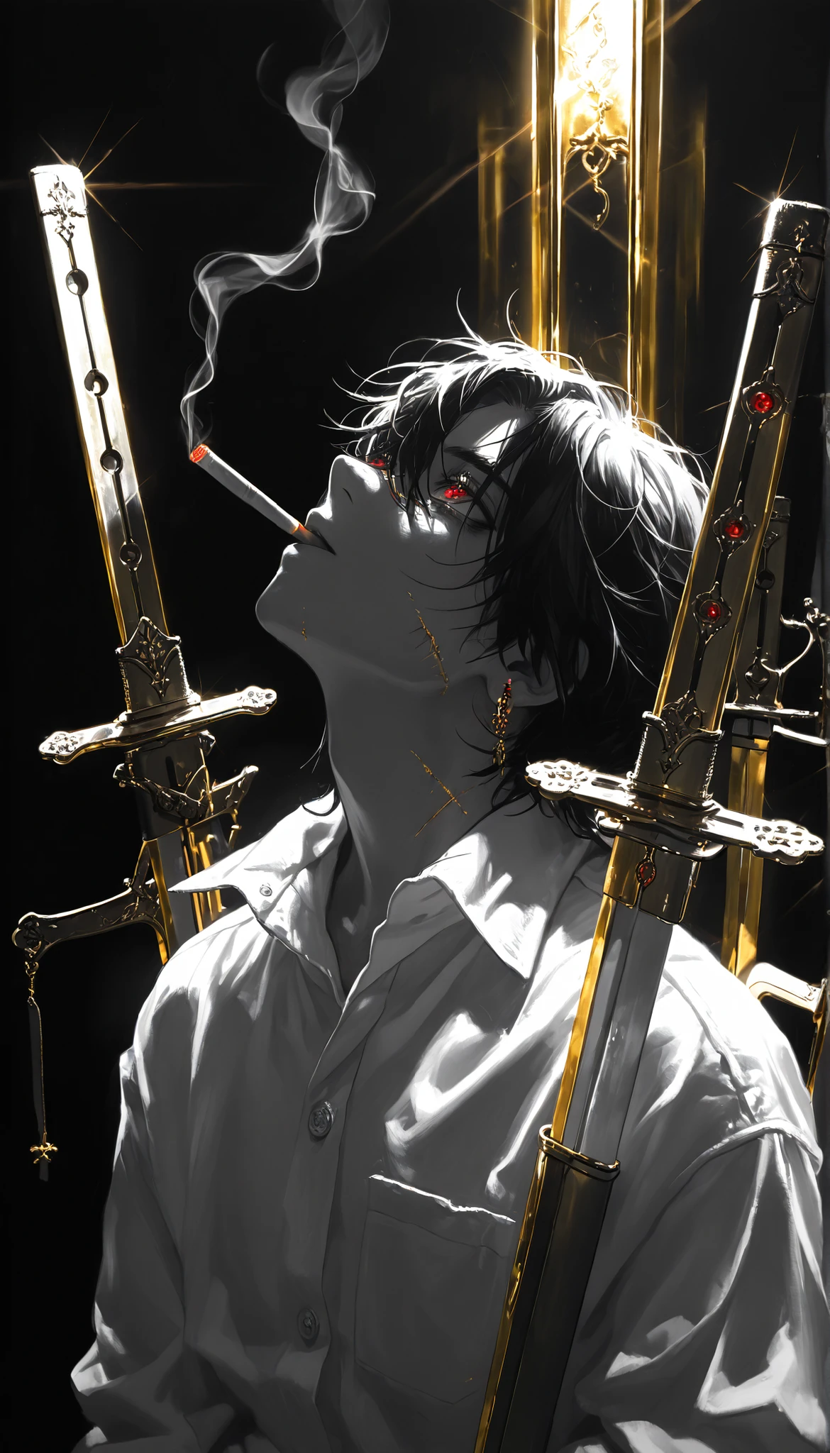 masterpiece,the best quality, newest ,absurdres, highres,Very far, a boy,sword combat, monochrome,grayscale,((gold-colored swords in the background)), white shirt,cigarette ,facial scar,earring,bright red eyes,Looking up,From above