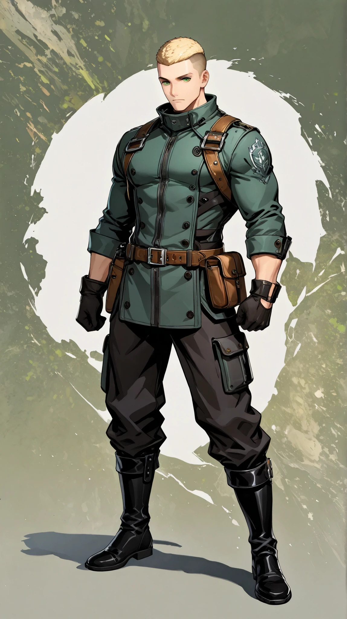 1boy, 28 yo, tall and muscular, blond hair, crew cut hair, green eyes, precise eye detail, wearing practical outfit: (color, muted green), black boots, belt bag, short daggers, standing, whole body, dynamic background, ultradetail, absurdres,