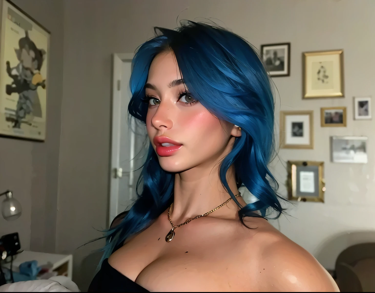 beautiful biracial woman, wear full red dress, full body, hold phone in her hand for take picture, in front of mirror, blue hair, blue eyes, large breast, 8k, portrait, masterpiece, ultra-detailed, cinematic lighting, dramatic colors, warm tones, dynamic pose, looking at camera, focused expression