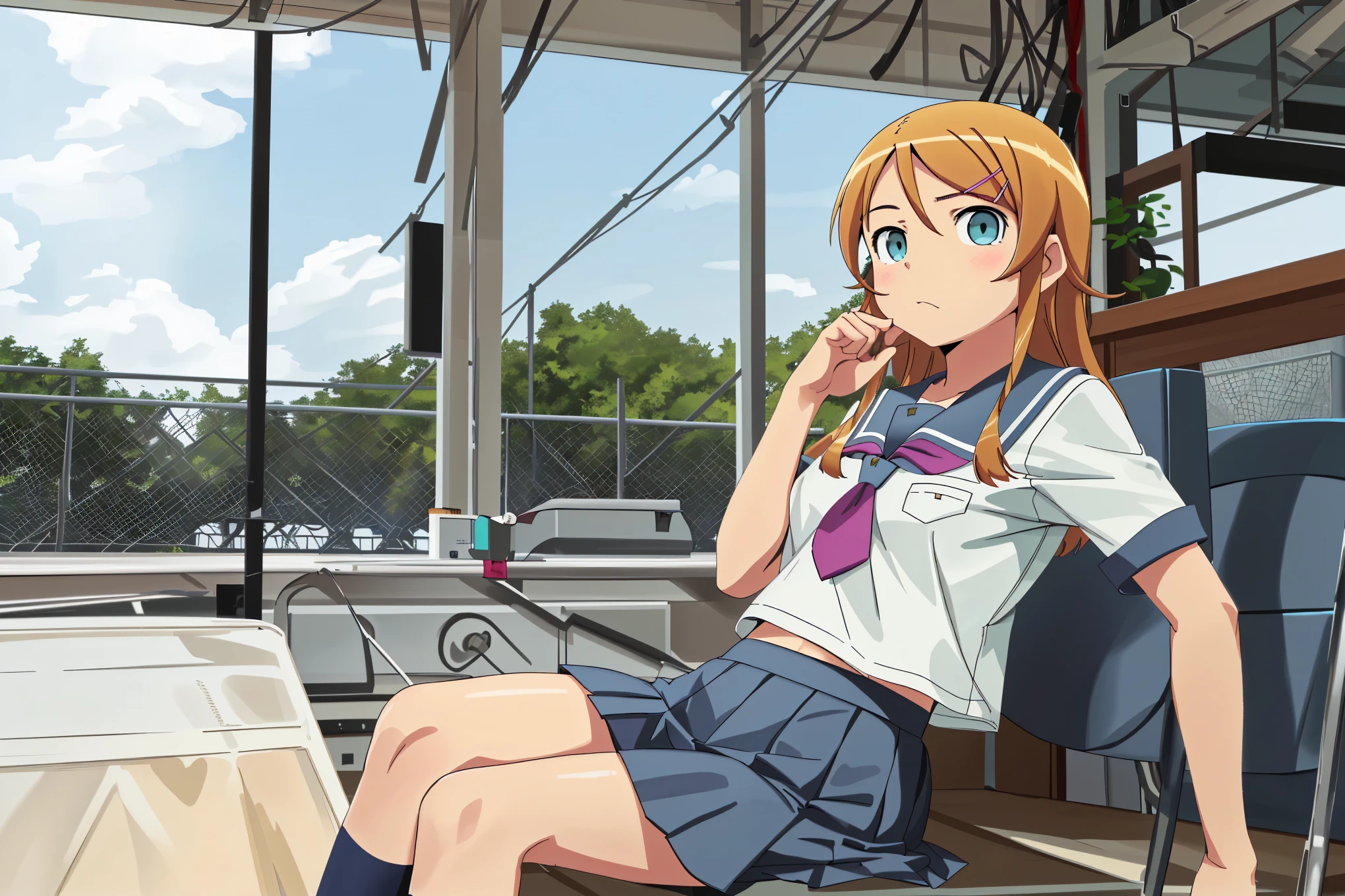 aakirino, long hair, hairclip, school uniform, grey sailor collar, purple neckerchief, white shirt, short sleeves, pleated skirt, grey skirt