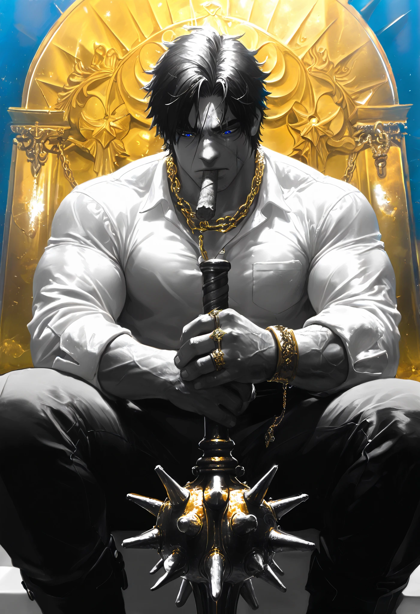 masterpiece,the best quality, newest ,absurdres, highres,Very far, a boy,sword combat , monochrome,grayscale,((gold-colored mace on the background)), white shirt,Pure Cuban cigar,facial scar,chains and jewelry around the neck,rings,intimidating pose,open legs, muscular,(giant heavy mace with spiked),bright blue eyes,looking down, feet from the bottom