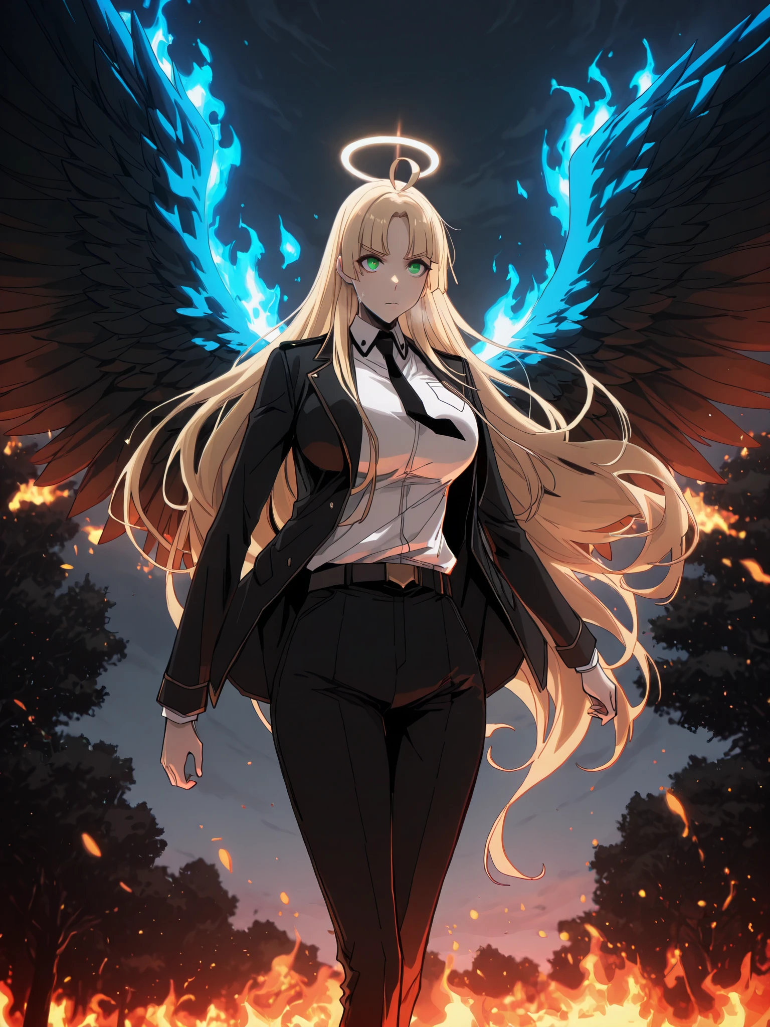 (No-kan-style:1.4), (Gogalking-style:1.2), masterpiece, high quality, absurdres, best quality, very aesthetic, newest, dramatic light, chiaroscuro technically, contrasting color, dynamic composition, anatomical correct, HD, 4K, digital art, trending on ArtStation, gasping, heavy breathing, excessive sweating, sweating, sweating profusely, gasping profusely, cinematic, ((skindentation)), ((voluptuous)), very long hair, blonde hair, green eyes, parted bangs, blunt bangs, ahoge, hollow eyes, wings, solo, halo, necktie, fire, pants, shirt, formal, suit, white shirt, 1girl, belt, outdoors, glaring eyes, glowing, jacket, black pants, sky, black necktie, collared shirt, feathered wings, burning, black jacket, long sleeves, closed mouth, angel, blue fire, tree, standing, hollow eyes, glow effect, large breasts, bright pupils, torn clothes,
