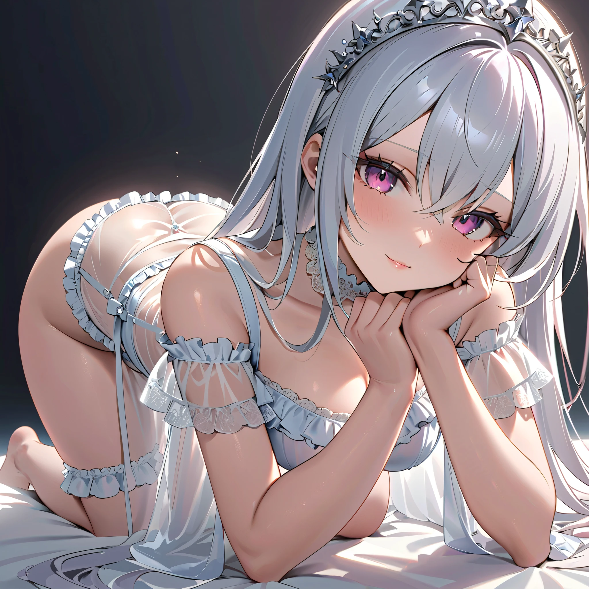 (TOP QUALITY, masterpiece, super precise, high resolution), 8k, Anatomically Accurate Body , anime girl wearing nice armor has long white hair、Nightcore, Gothic Maiden anime girl , White-haired goddess, beautiful charming anime woman, simple background, on all fours, face the front, beautiful face, perfect face, 非常に詳細な beautiful faceと目, attractive face , detailed faces, Delicate Facial Features, cross your legs , place hands on chest ,Clear Doll, (( see-through)), ((Frill Baby Doll)), (( see-through)), off shoulder (( see-through)),