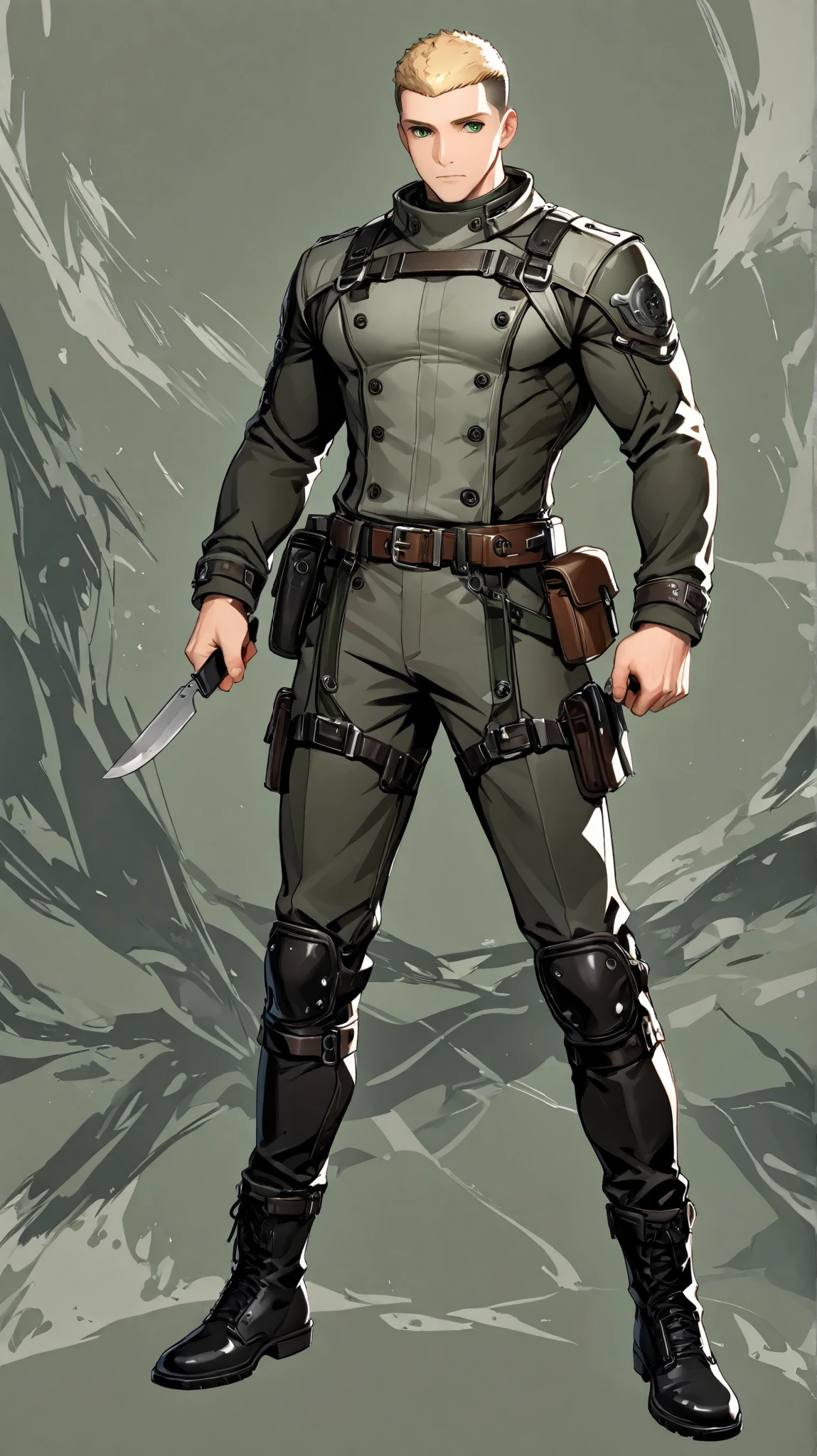 1boy, 28 yo, tall and muscular, blond hair, crew cut hair, green eyes, precise eye detail, wearing practical outfit: (color, muted green), black boots, belt bag, holding short knife, standing, whole body, dynamic background, ultradetail, absurdres,
