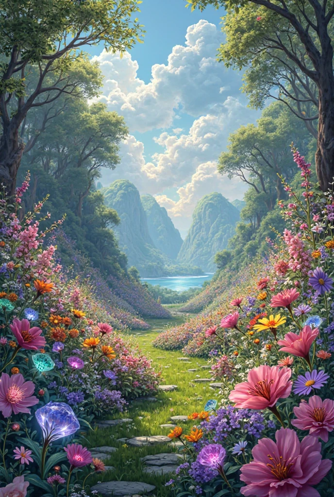 Beautiful picture background full of beautiful flowers and gemstones ...