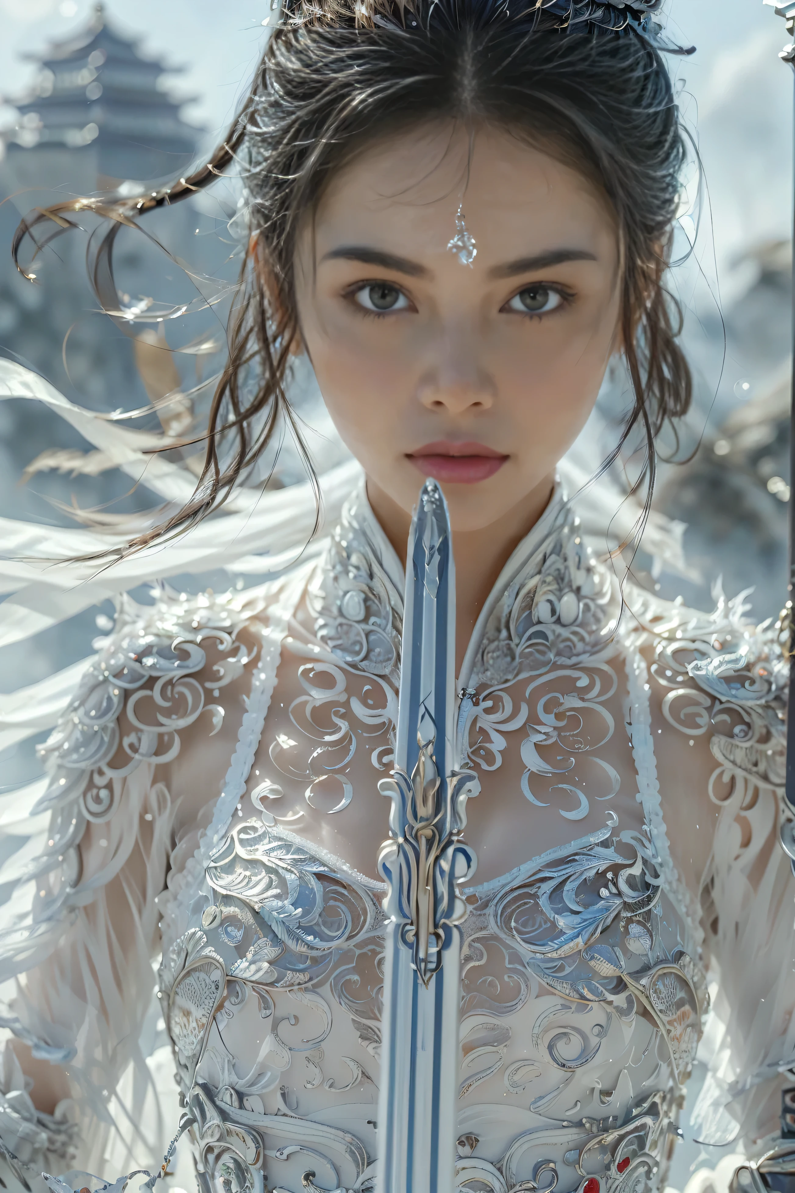 (masterpiece, RAW, 32K, UHD, hyper realistic, best quality), swordswoman,1girl (Beautiful face, supermodel) ,seductive smile, black hair ,blue sky, blurry, brown eyes ,closed mouth ,cloud ,day ,eyelashes ,grey eyes, holding sword, lips ,long hair, looking at viewer, mountain, snow ,solo ,sword ,water, weapon, wind ,winter, sword ,Hanfu, Masterpiece,Game art,The best picture quality,Highest resolution,8K,(Portrait),Unreal Engine 5 rendering works,(Digital Photography),((Portrait Feature:1.5)), 20 year old girl,Short hair details,With long bangs,(The red eye makeup is very meticulous),(With long gray hair:1.4),(Large, full breasts),Elegant and noble,Brave and charming, (Future armor combined with the characteristics of ancient Chinese armor,Hollow design,Power Armor,The mysterious Eastern runes,A delicate dress pattern,A flash of magic),Warrior of the future,Cyberpunk figures,Background of war, Movie lights,Ray tracing,Game CG,((3D Unreal Engine)),OC rendering reflection pattern
