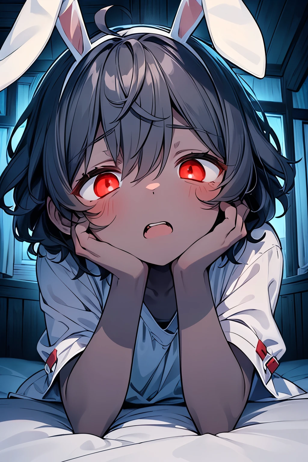4 year old girl, Red eyes, short black hair, shy, embarrassed and teary eyed, sitting on a big bed, in a luxurious room with dim lights, View from above. night atmosphere, intimate and reddish, transmitting sadness, curiosity and perversion