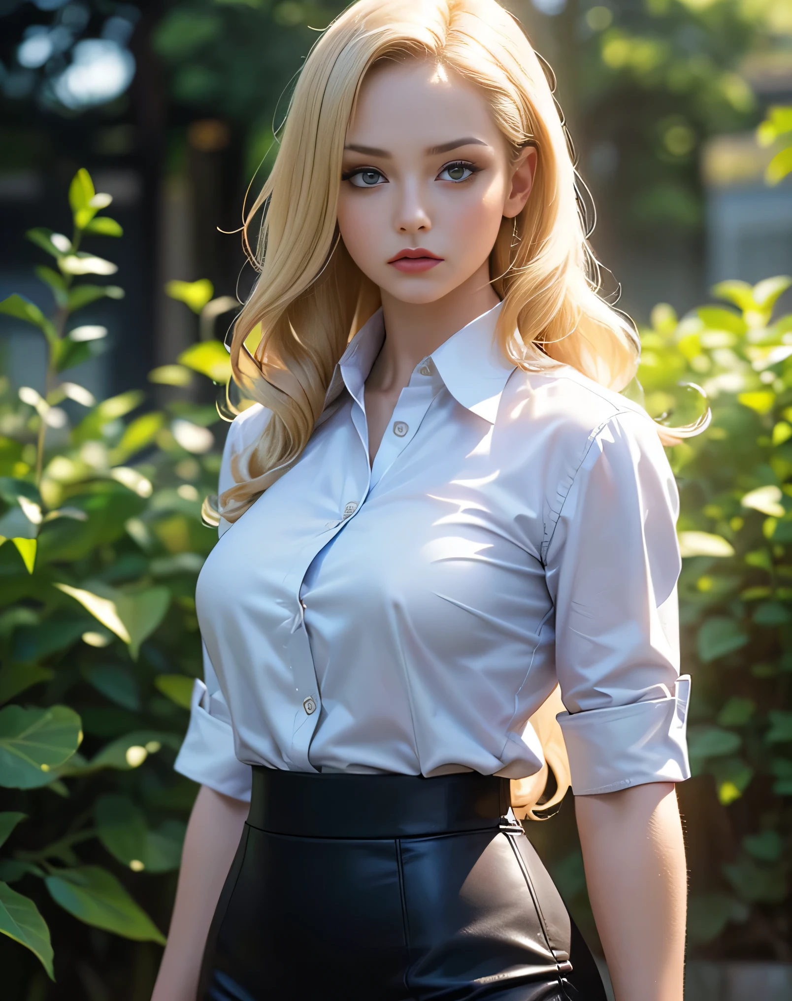 masterpiece, best quality, beautiful young woman,golden curly hair,Blue eyes,white fox ears, in a white shirt, black skirt and fishnet stockings,