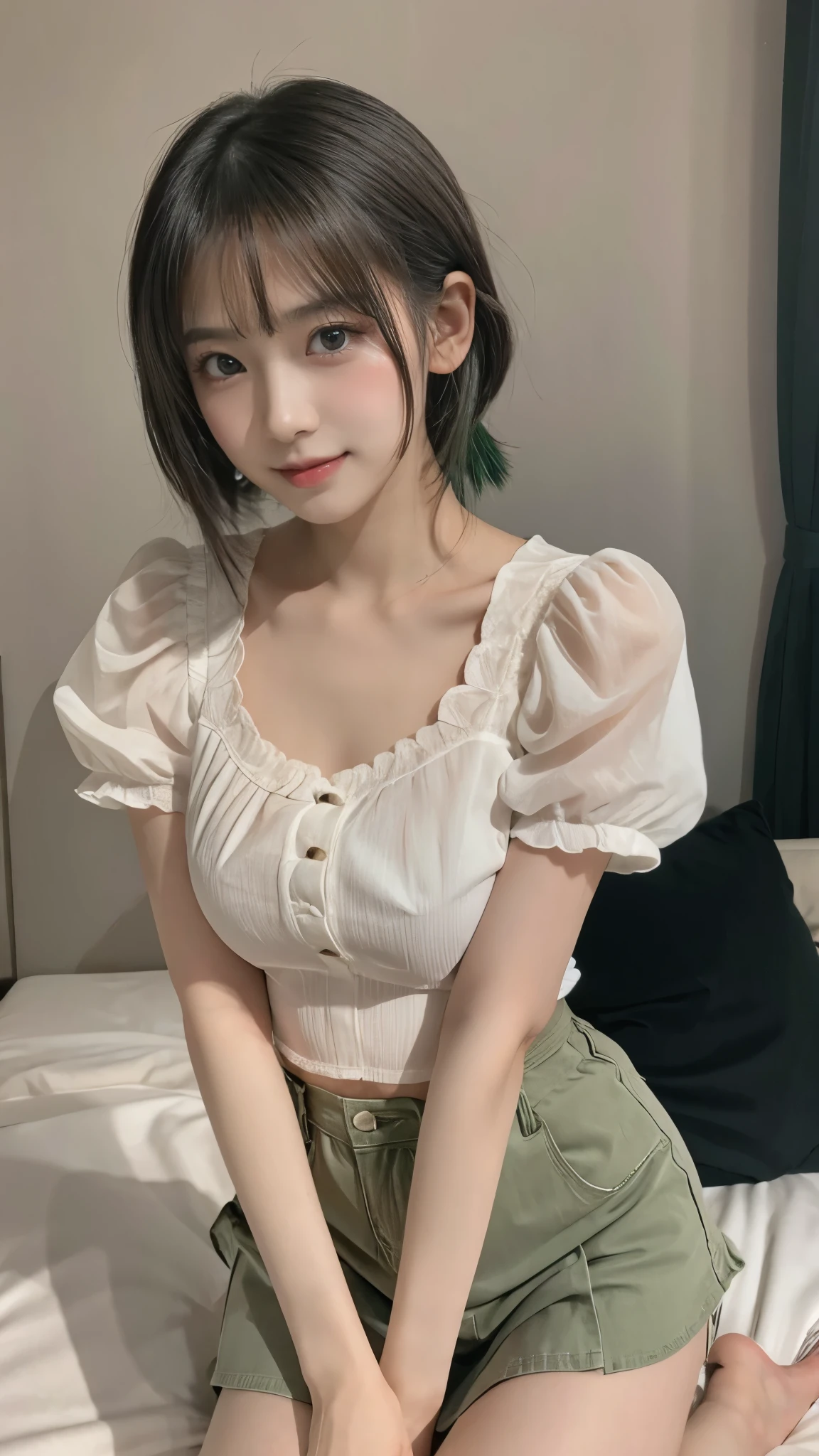TOP QUALITY、Highest Image、Greatest Masterpiece、 reality:1.3、Ultra Fine、 Professional Shooting Techniques 、Professional lighting techniques 、 beautiful girl、、Young Face、Beautiful small face、High nose、Big pretty eyes、Attractive moist lips、(Beautiful breasts、 cleft)、 small nice ass、thin thighs、 beautiful feet、slender body line、bob hair、 Short Twin Tails 、(( green hair))、cute、kind、Healing、Stylish white shirt、miniskirt、 beautiful collarbone 、Japanese anime style illustration、1 person、still shooting site、Cute hand sign、 cute pose 、( stare at the viewer、 mischievous expression :1.3)、(detailed feet:1.3, Perfectly correct foot:1.2)