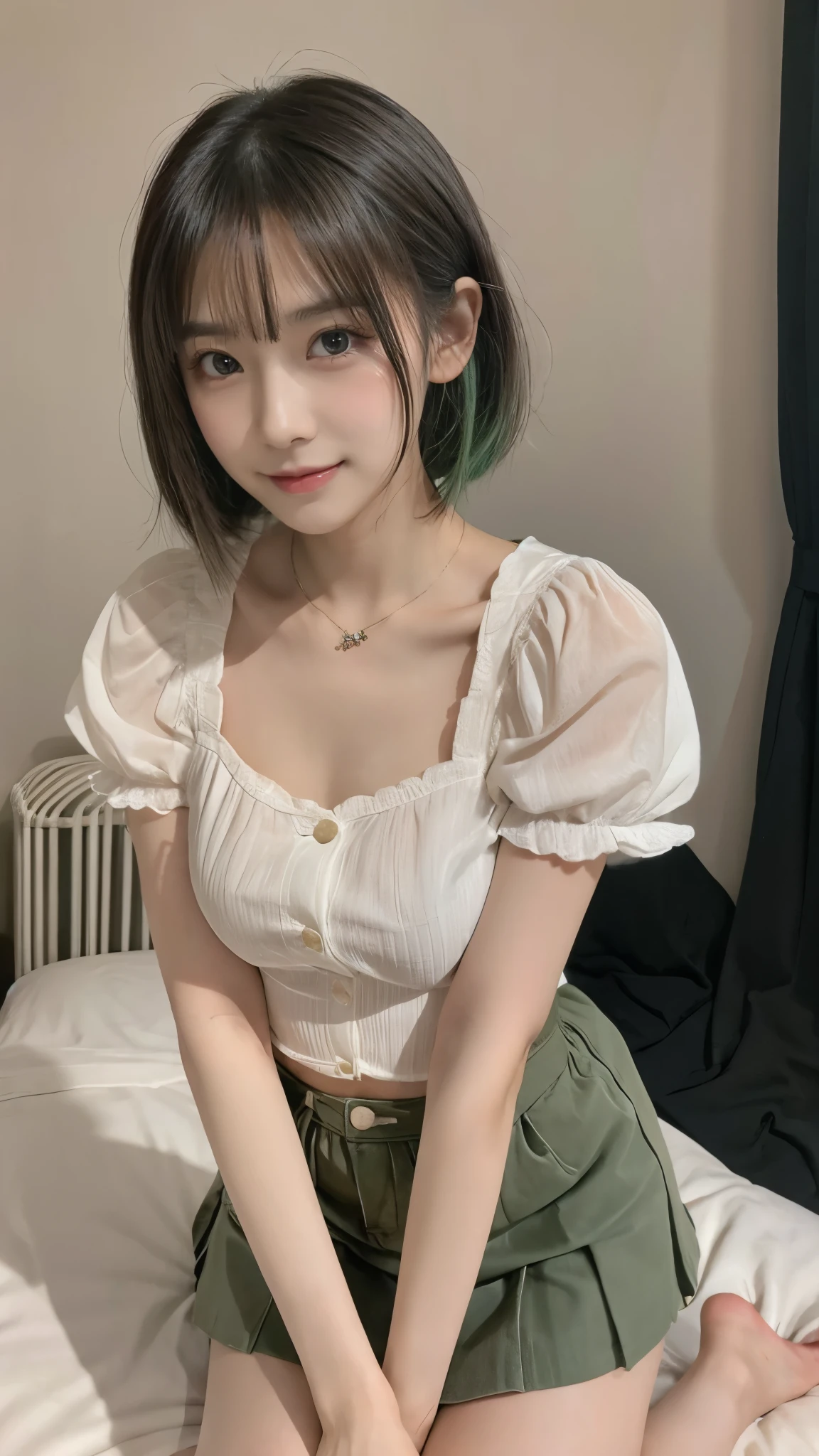 TOP QUALITY、Highest Image、Greatest Masterpiece、 reality:1.3、Ultra Fine、 Professional Shooting Techniques 、Professional lighting techniques 、 beautiful girl、、Young Face、Beautiful small face、High nose、Big pretty eyes、Attractive moist lips、(Beautiful breasts、 cleft)、 small nice ass、thin thighs、 beautiful feet、slender body line、bob hair、 Short Twin Tails 、(( green hair))、cute、kind、Healing、Stylish white shirt、miniskirt、 beautiful collarbone 、Japanese anime style illustration、1 person、still shooting site、Cute hand sign、 cute pose 、( stare at the viewer、 mischievous expression :1.3)、(detailed feet:1.3, Perfectly correct foot:1.2)