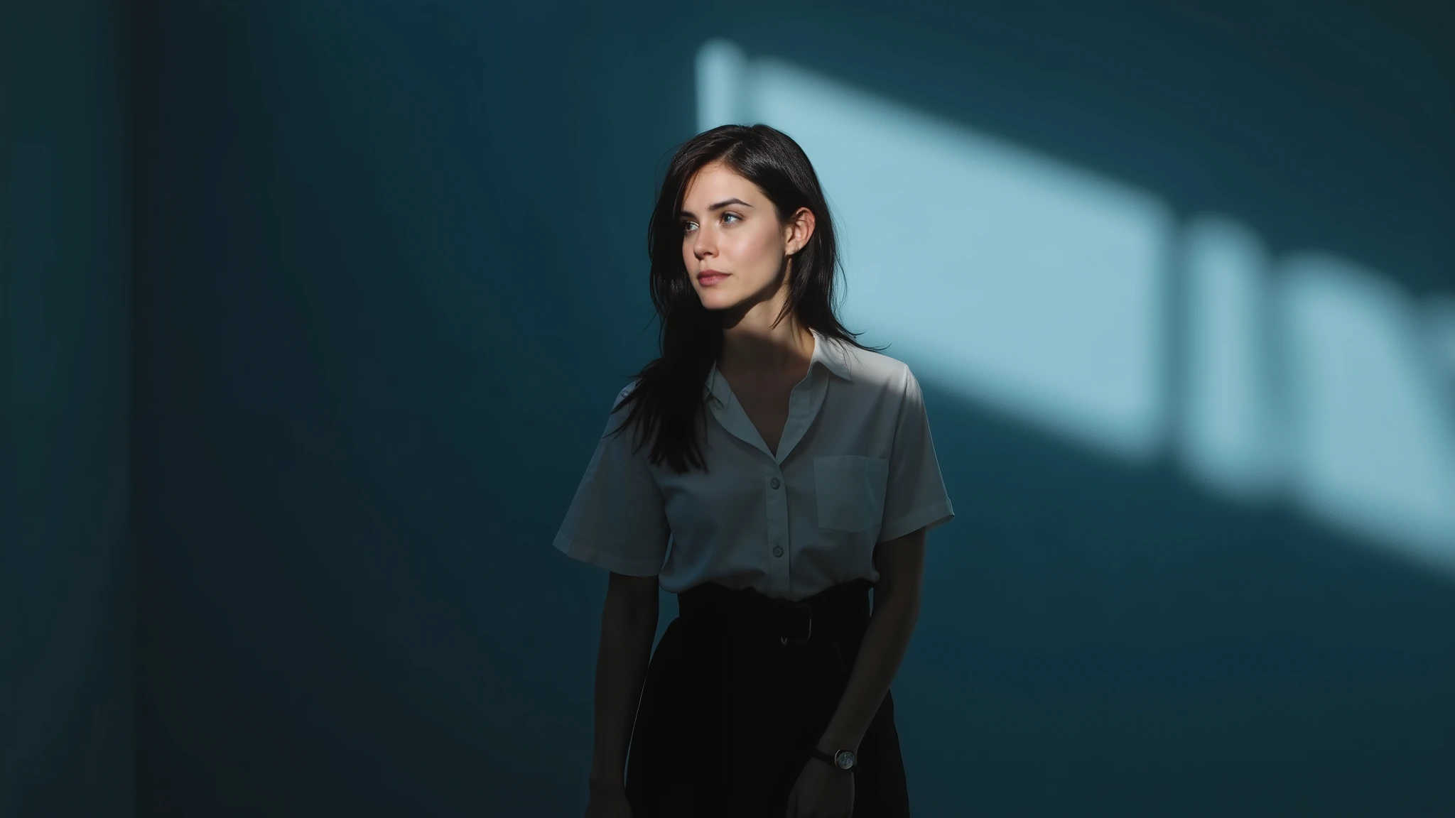 woman, black hair, white shirt