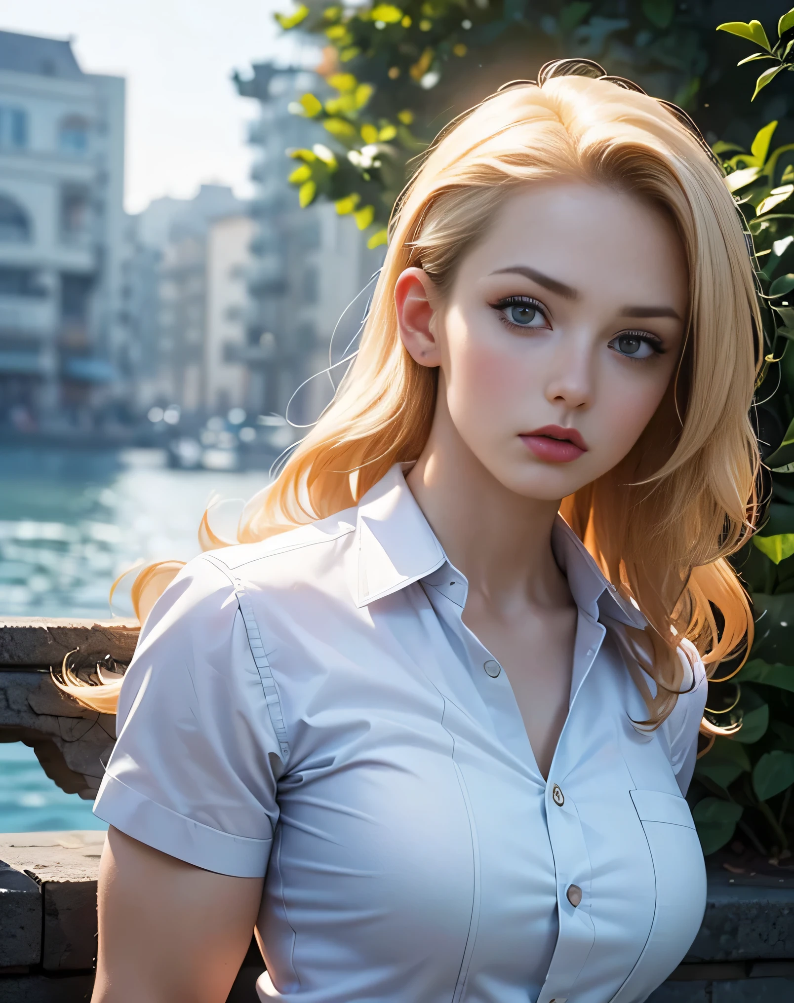 "A photorealistic image of a beautiful 25-year-old American girl with long hair., medium size chest,hourglass shape,small and attractive nose, Loose blonde hair and striking blue eyes with a red shirt and jeans.. She should have a natural, accessible expression and be illuminated by soft.Photo from Instagram. she is in the park, His hands are not captured in the photo., Capture this image with a high-resolution photograph, the body is seen from head to toe