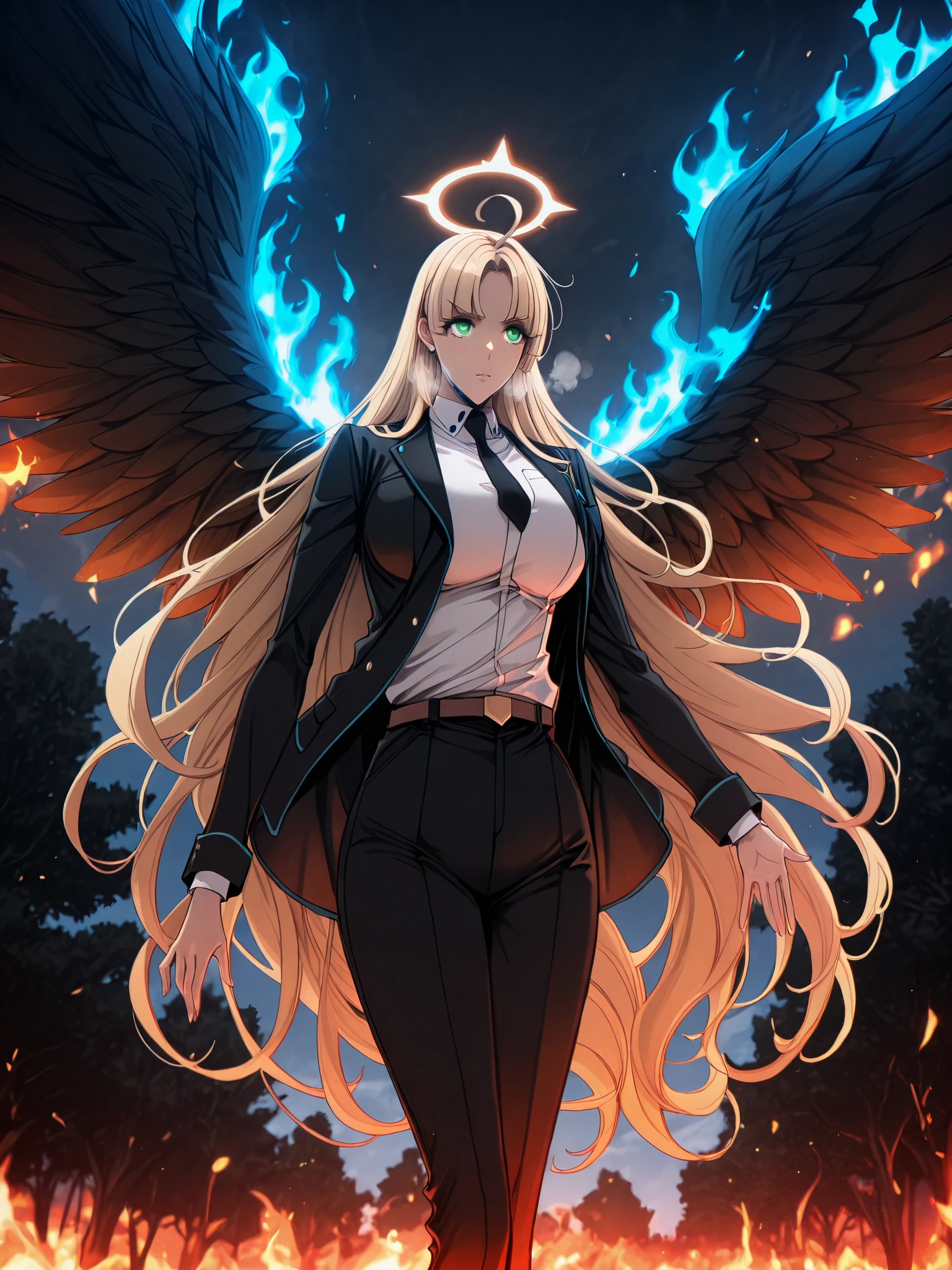 (No-kan-style:1.4), (Oda non-style:1.2), masterpiece, high quality, absurdres, best quality, very aesthetic, newest, dramatic light, chiaroscuro technically, contrasting color, dynamic composition, anatomical correct, HD, 4K, digital art, trending on ArtStation, gasping, heavy breathing, excessive sweating, sweating, sweating profusely, gasping profusely, cinematic, ((skindentation)), ((voluptuous)), very long hair, blonde hair, green eyes, parted bangs, blunt bangs, ahoge, hollow eyes, wings, solo, halo, necktie, fire, pants, shirt, formal, suit, white shirt, 1girl, belt, outdoors, glaring eyes, glowing, jacket, black pants, sky, black necktie, collared shirt, feathered wings, burning, black jacket, long sleeves, closed mouth, angel, blue fire, tree, standing, hollow eyes, glow effect, large breasts, bright pupils, torn clothes, 