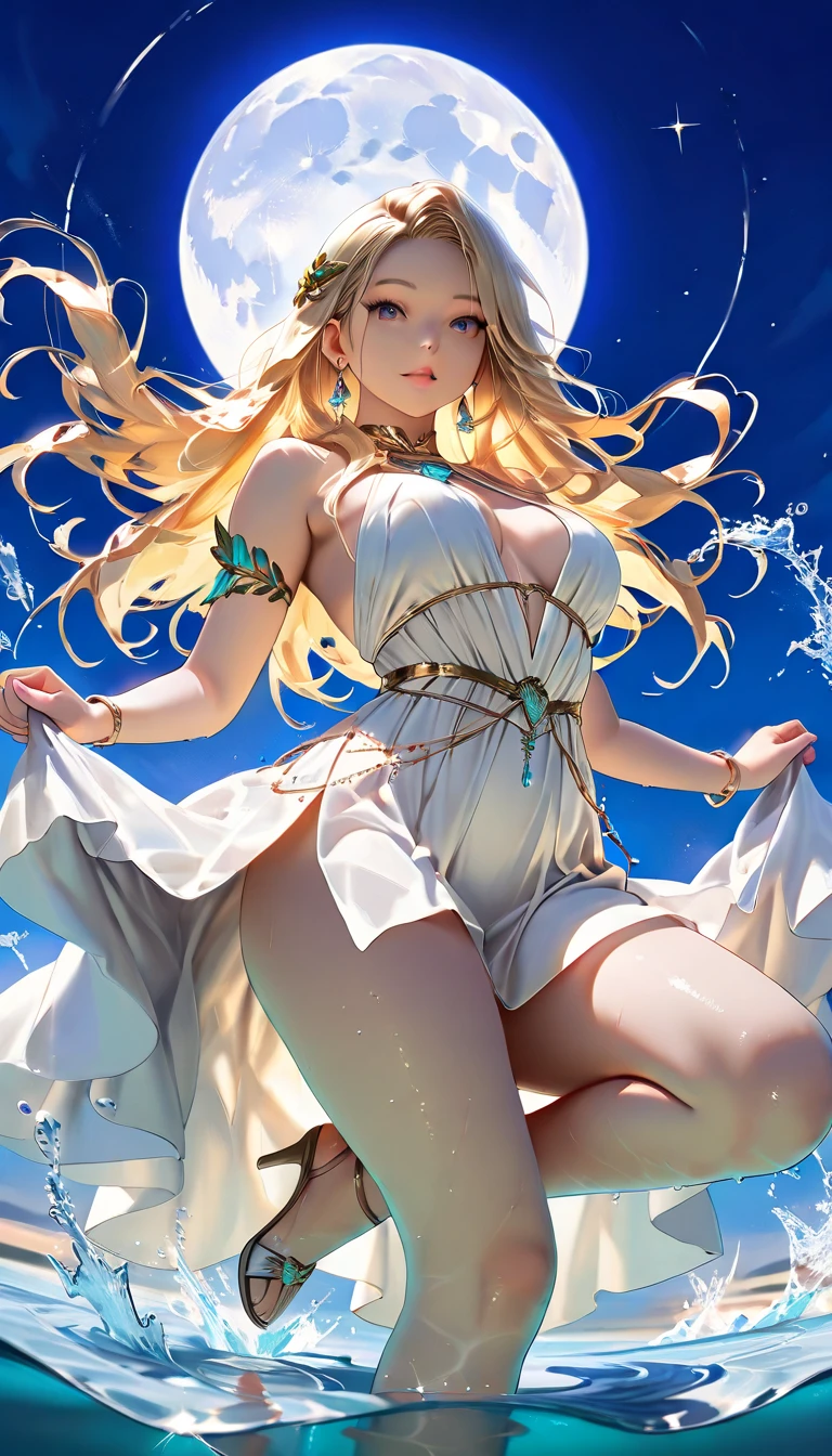 A mesmerizing nymph-like figure with flowing golden locks, dressed in an elegant white robe, gracefully walking along a secluded beach at sunset. (romantic:1.2), (impressionist brushstrokes:1.4), (ethereal lighting:1.3), (subtle reflections:1.1), (fine art photography:1.3), (serene atmosphere:1.2), (gentle waves:1.1), (soft pastel colors:1.2), (dreamlike ambiance:1.3), (detailed textures:1.2).