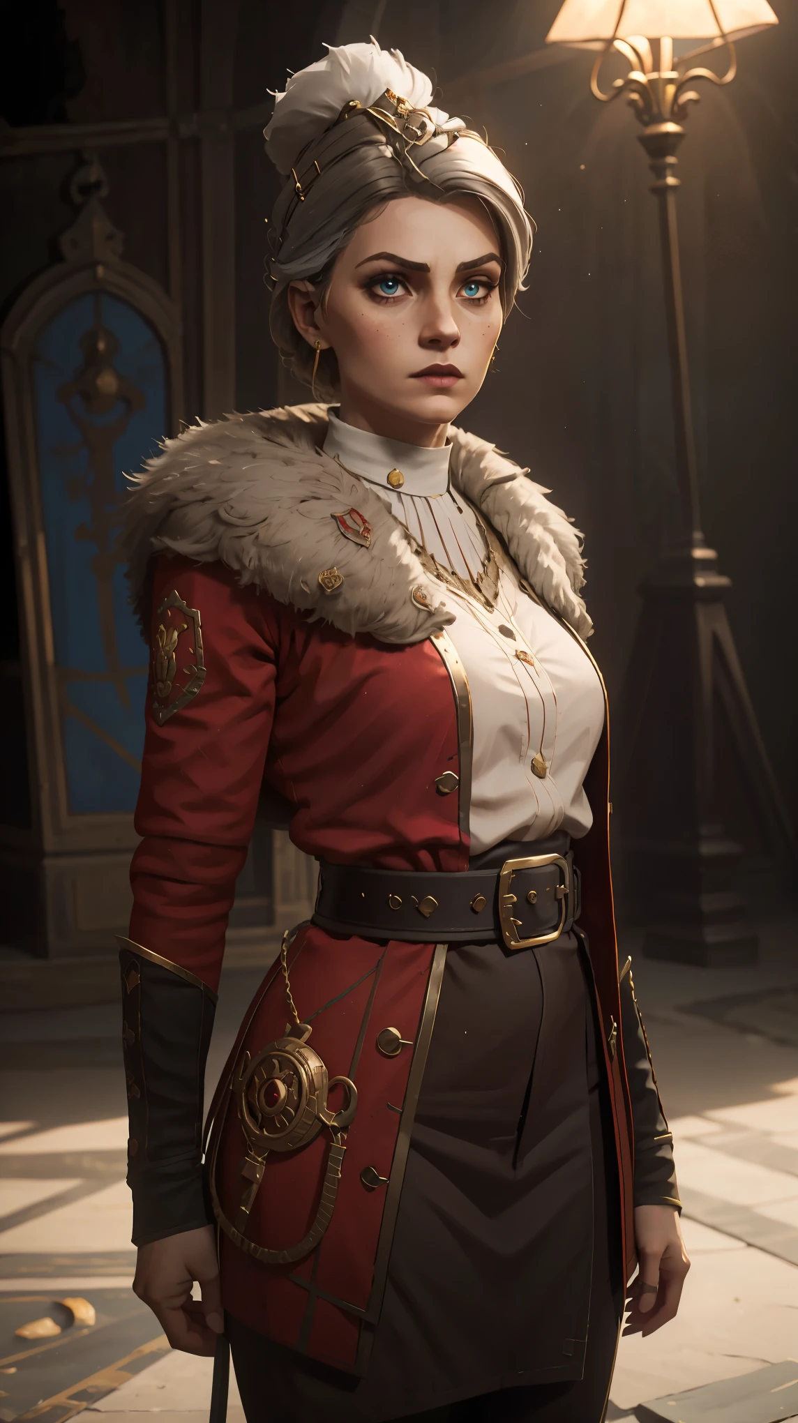 professional photo of an empire administratum noblewoman, beautiful young woman, pale, beauty spots, ulrika, perfect eyes, wearing white an red noble clothing, upper body shot low lighting, moody, large depth of field, warhammer 40k, deep depth of field, highly detailed, plain white background, (bright, good lighting, bright frontal light), three quarter shot, frontal image, standing in gothic style office, looking to right, (upper body portrait), si-fi communication device on belt and lasgun on hip