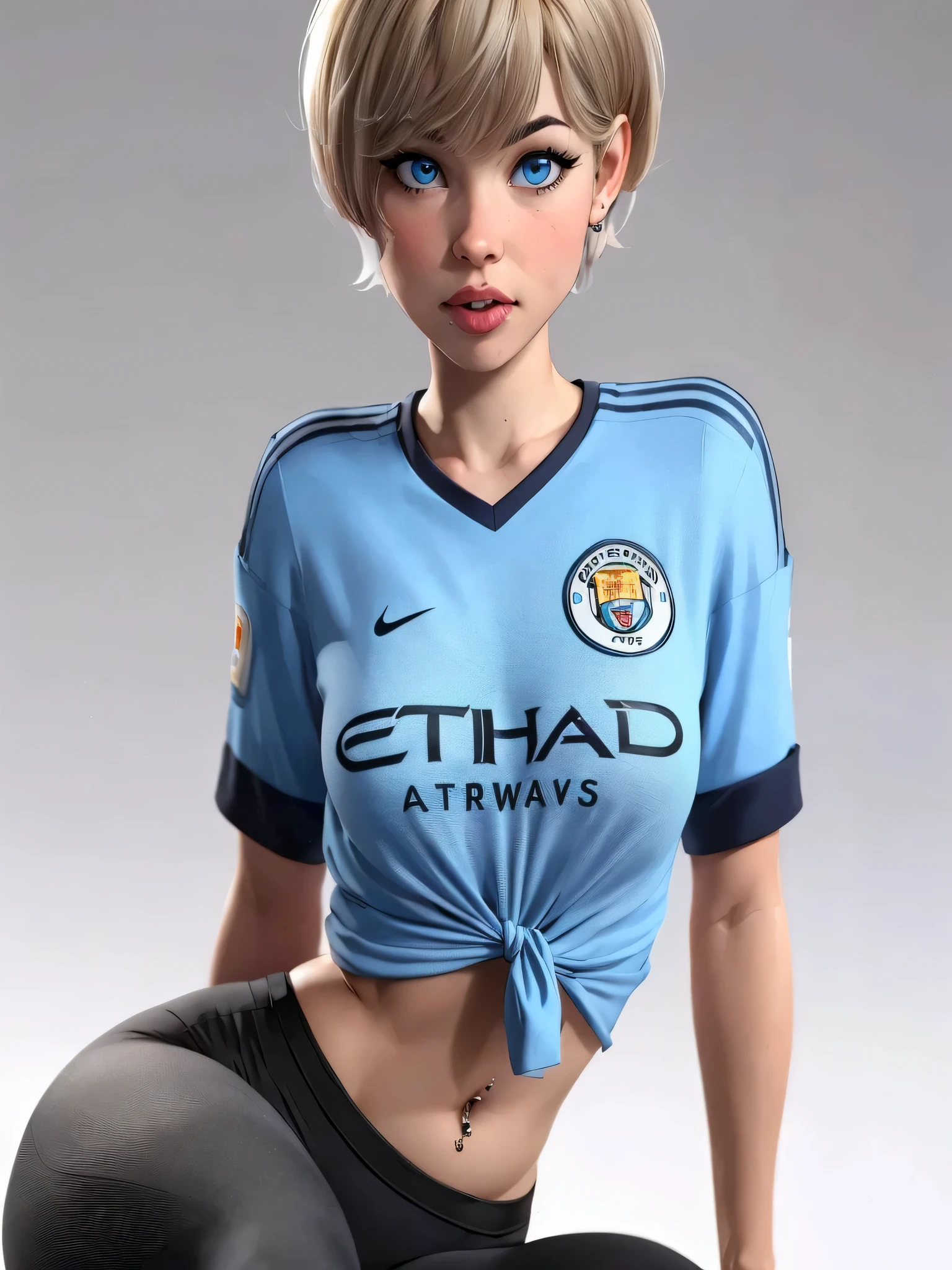 , girl with short blonde Pixie hair, blue eyes, juice lips,wearing a Manchester city shirt,shirt tied at the bottom showing the belly,belly button piercing, and black leggings, bust, sitting, full body, Thick thighs open legs, black leggings