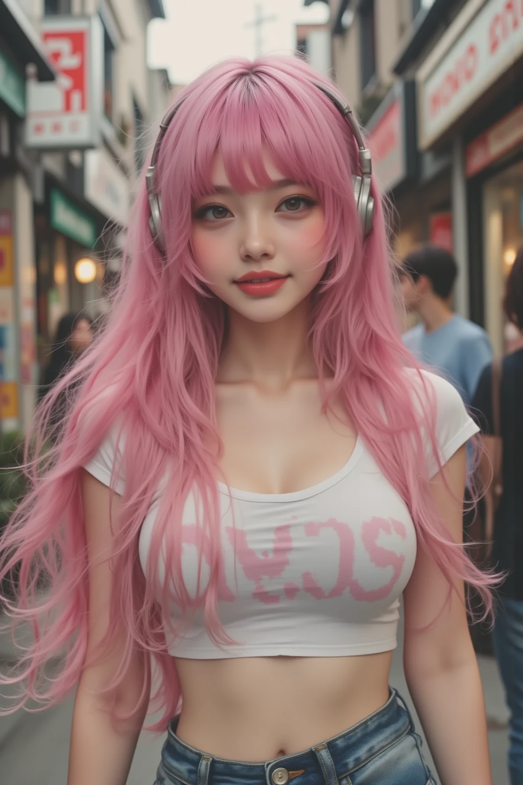 (Highest quality:1.2, Very detailed, Latest, Vibrant, High Detail, masterpiece:1.2, Highest quality, Best aesthetics), (((1 girl))), (((supersonic, Super Sonico:1.2, 1 Female))), Pink Hair, Long Hair, Gradient Hair, Reddish brown eyes, ((Big Breasts:1.2)), Silver_Headphones, (Color T-shirt, Cropped tops, Underboob), Seductive smile, Dynamic Angle, Friendly atmosphere, Beautiful Hair, Shiny Hair, Beautiful Skin, Detailed face and eyes, Glossy Lips, Curvy Women, ((Selfie pose:1.2)), bustling street, Light and shadow with attention to detail, Background Blur.