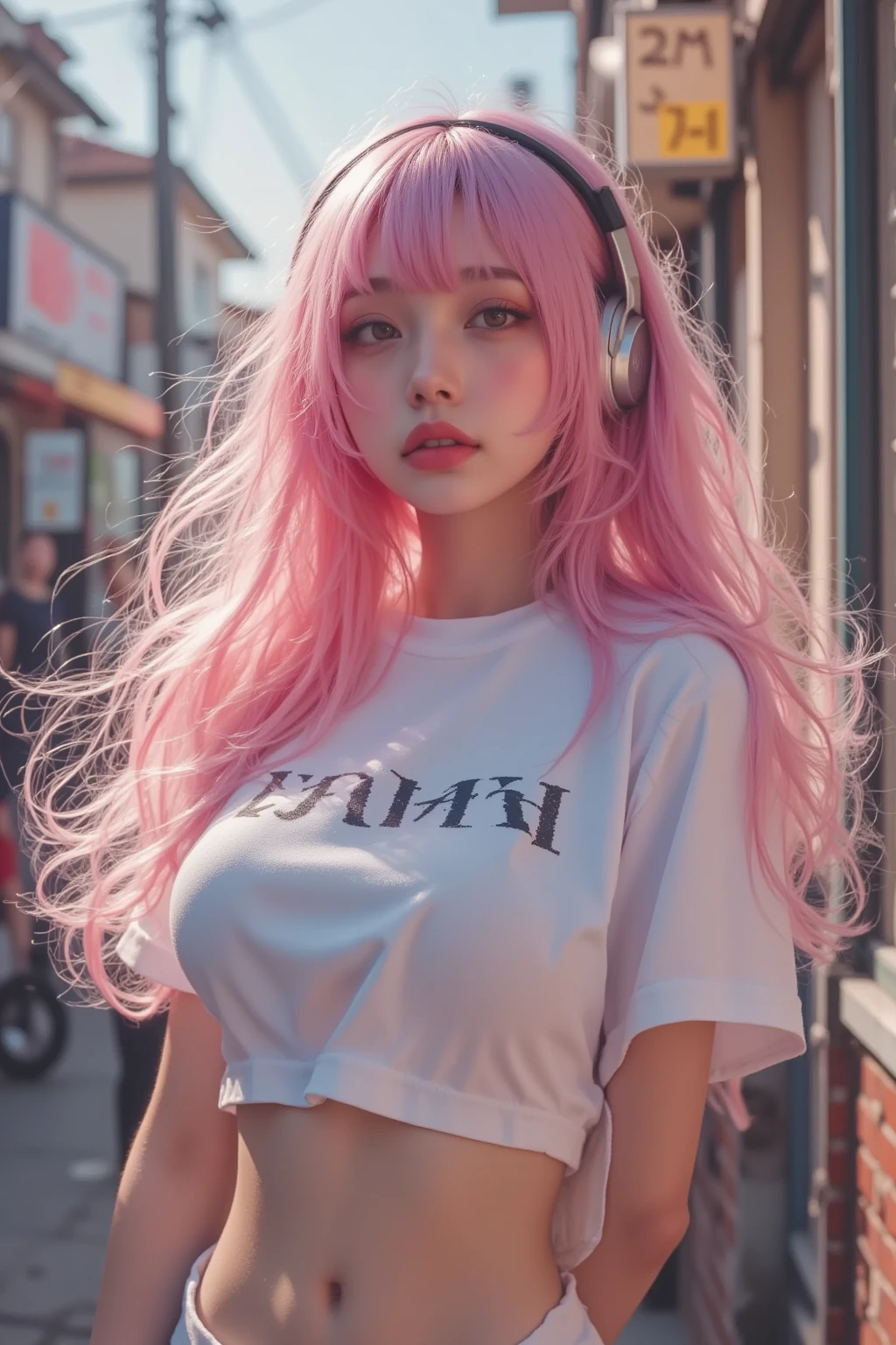 (Highest quality:1.2, Very detailed, Latest, Vibrant, High Detail, masterpiece:1.2, Highest quality, Best aesthetics), (((1 girl))), (((supersonic, Super Sonico:1.2, 1 Female))), Pink Hair, Long Hair, Gradient Hair, Reddish brown eyes, ((Big Breasts:1.2)), Silver_Headphones, (Color T-shirt, Cropped tops, Underboob), Seductive smile, Dynamic Angle, Friendly atmosphere, Beautiful Hair, Shiny Hair, Beautiful Skin, Detailed face and eyes, Glossy Lips, Curvy Women, ((Selfie pose:1.2)), bustling street, Light and shadow with attention to detail, Background Blur.