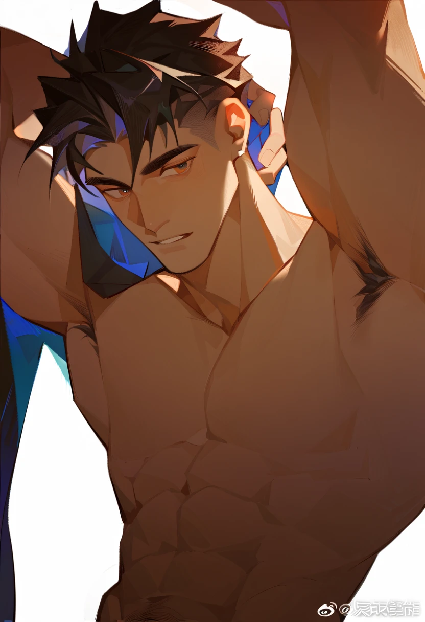 an epic detailed llustration of Chris Redfield, shirtless, cosmic atmosphere, wearing a small string white jockstrap, in a style of surrealism, both arms are above his head, hairy chest. he is wrapped in straps of gold, wearing a small string white jockstrap, with abstract fire elements, wearing a white small white jockstrap.