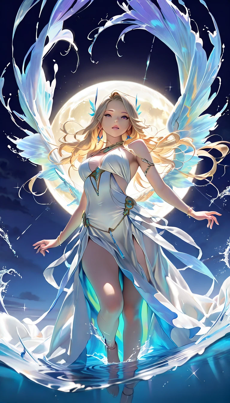 "(best quality,ultra-detailed),water element angel from lake,beautiful detailed eyes,beautiful detailed lips,flowing white dress,ethereal beauty,long flowy hair,golden halo,sparkling water drops,floating wings,soft ethereal light,impressionist painting style,vibrant colors,pastel color palette"