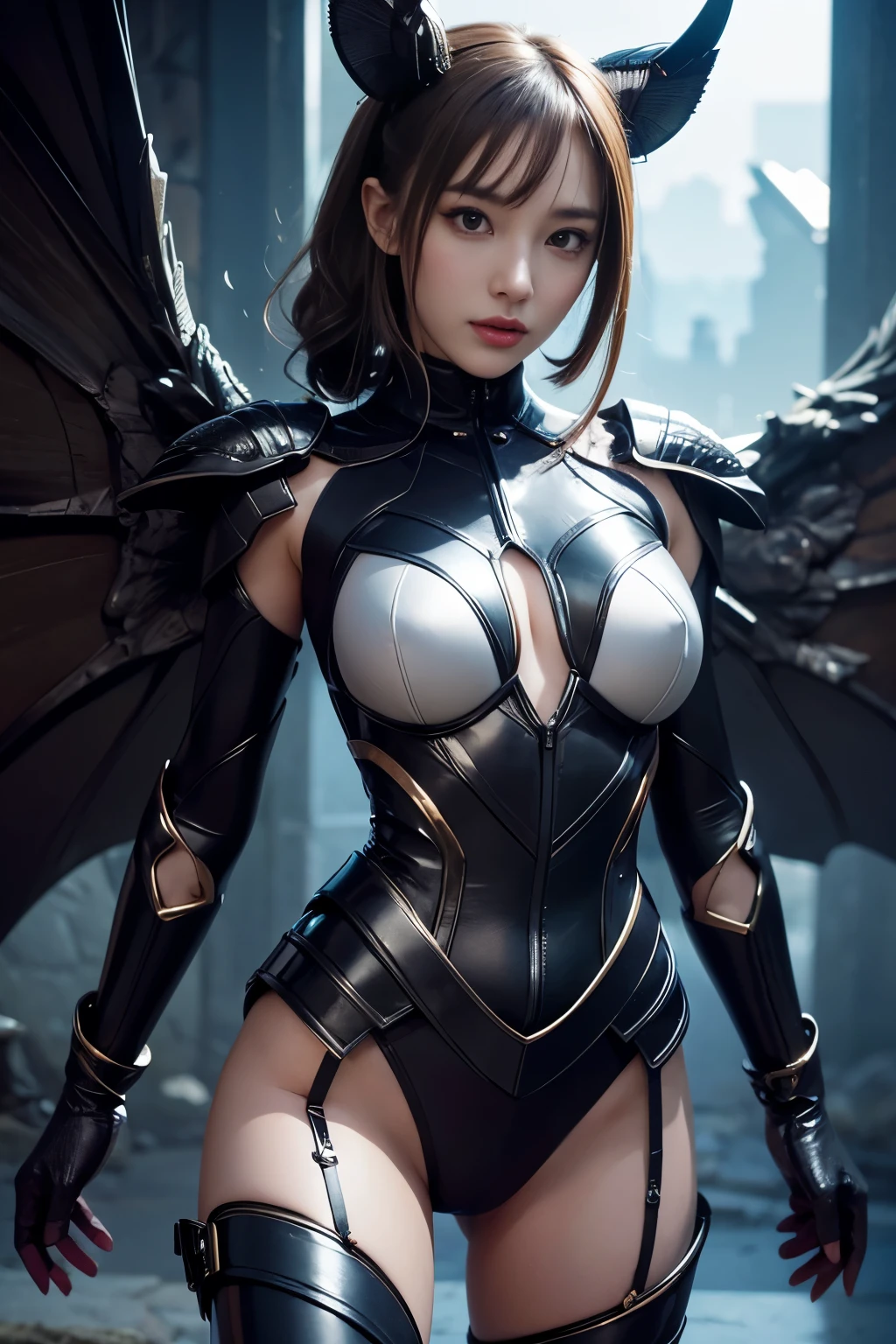 A seductive and charismatic female tokusatsu villainess with a highly realistic cockroach-inspired design. She is a stunning Japanese woman in her late twenties, exuding confidence with a piercing gaze and a wicked smirk.
Her dark brown exoskeleton suit mimics a cockroach’s natural armor, with segmented plating, vein-like patterns, and a glossy, chitinous texture. A sleek, form-fitting leotard-like bodysuit clings to her curves, accentuating her toned physique. High-cut legs, a sculpted abdomen, and layered armor add both elegance and menace.
Large, translucent cockroach wings shimmer behind her, while sharp, twitching antennae extend from her head. Her clawed, jointed fingers and subtly segmented lower body enhance her insectoid allure.
Soft, moody lighting highlights the glossy sheen of her armor, making her the undeniable focal point—an intoxicating blend of beauty, horror, and power.