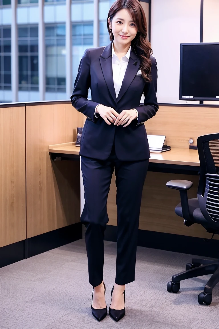 An Indonesian woman in suit, full body portrait posing, Business suit, professional corporate portrait, office clothes, wearing fashion suit, Business clothes, wearing working pantofel shoes, working shoes, pantofel shoes, pixie cut hair, buff body, flat breast, rough face, no makeup, no accessory, macho pose, fully body photo, portrait full body, wear suit, full body portrait shot