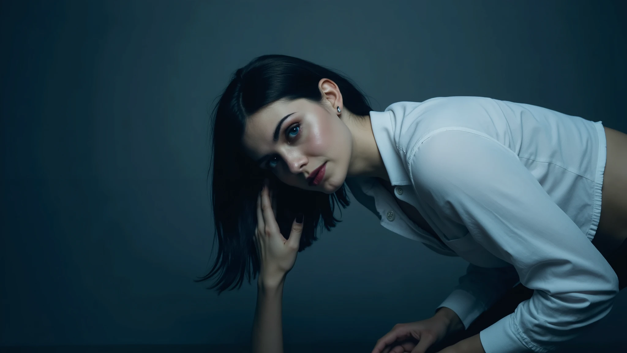 woman, black hair, white shirt