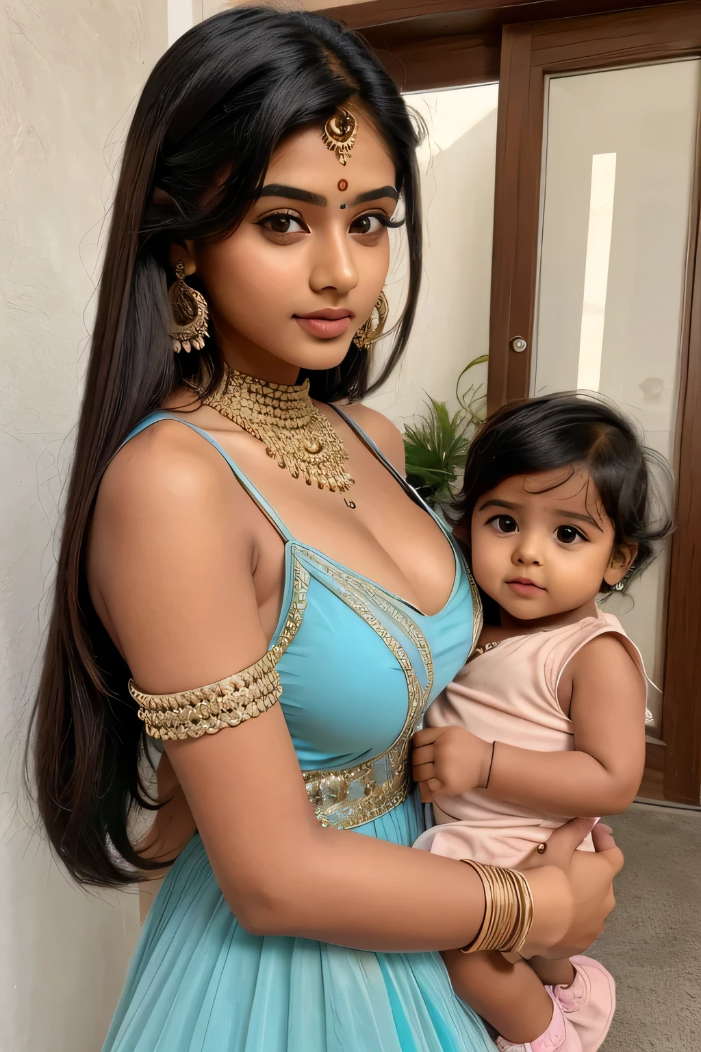 16 years old cute beautiful hot romantic mood indian girl with smily face with small size boobs with stylish long hair with stylish trending modern different color full stunning dress with his 2 years old cute little boy baby with cute full size straight pic