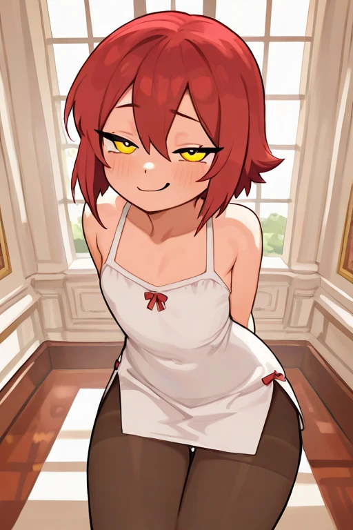 anime boy, crossdresser, 1boy, medium dark brown hair, red eyes, brown skin, wide hips, large buttocks, narrow waist and thick thighs, flustered, brushing, sitting over a table in the dinning room of a luxurious mansion, flat chest, short skirt, visible bulge, shirt, maid outfit, in a suggestive pose, with his buttocks being gropped from behind