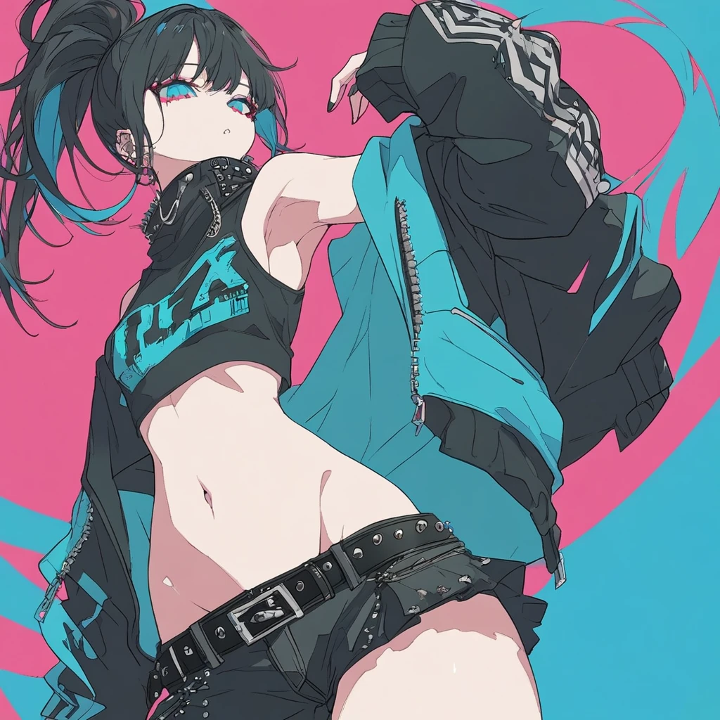 masterpiece, best quality, 8K wallpaper, pixiv contest winner, super detailed illustration , one girl, low angle, black hair, ponytail, (((flat color))), simple background, Blue main illustration, Punk Style, armpits