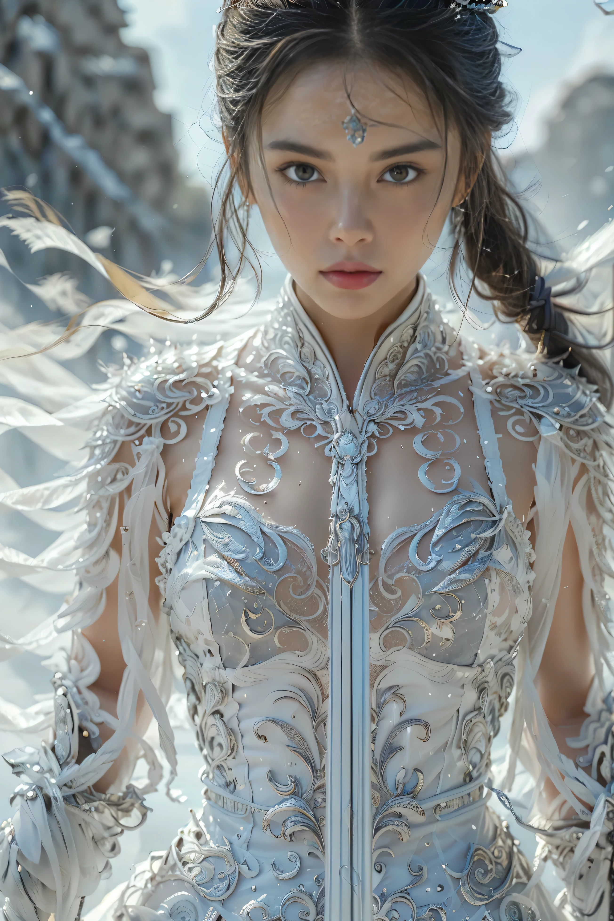 (masterpiece, RAW, 32K, UHD, hyper realistic, best quality), swordswoman,1girl (Beautiful face, supermodel) ,seductive smile, black hair ,blue sky, blurry, brown eyes ,closed mouth ,cloud ,day ,eyelashes ,grey eyes, holding sword, lips ,long hair, looking at viewer, mountain, snow ,solo ,sword ,water, weapon, wind ,winter, sword ,Hanfu, Masterpiece,Game art,The best picture quality,Highest resolution,8K,(Portrait),Unreal Engine 5 rendering works,(Digital Photography),((Portrait Feature:1.5)), 20 year old girl,Short hair details,With long bangs,(The red eye makeup is very meticulous),(With long gray hair:1.4),(Large, full breasts),Elegant and noble,Brave and charming, (Future armor combined with the characteristics of ancient Chinese armor,Hollow design,Power Armor,The mysterious Eastern runes,A delicate dress pattern,A flash of magic),Warrior of the future,Cyberpunk figures,Background of war, Movie lights，Ray tracing，Game CG，((3D Unreal Engine))，OC rendering reflection pattern