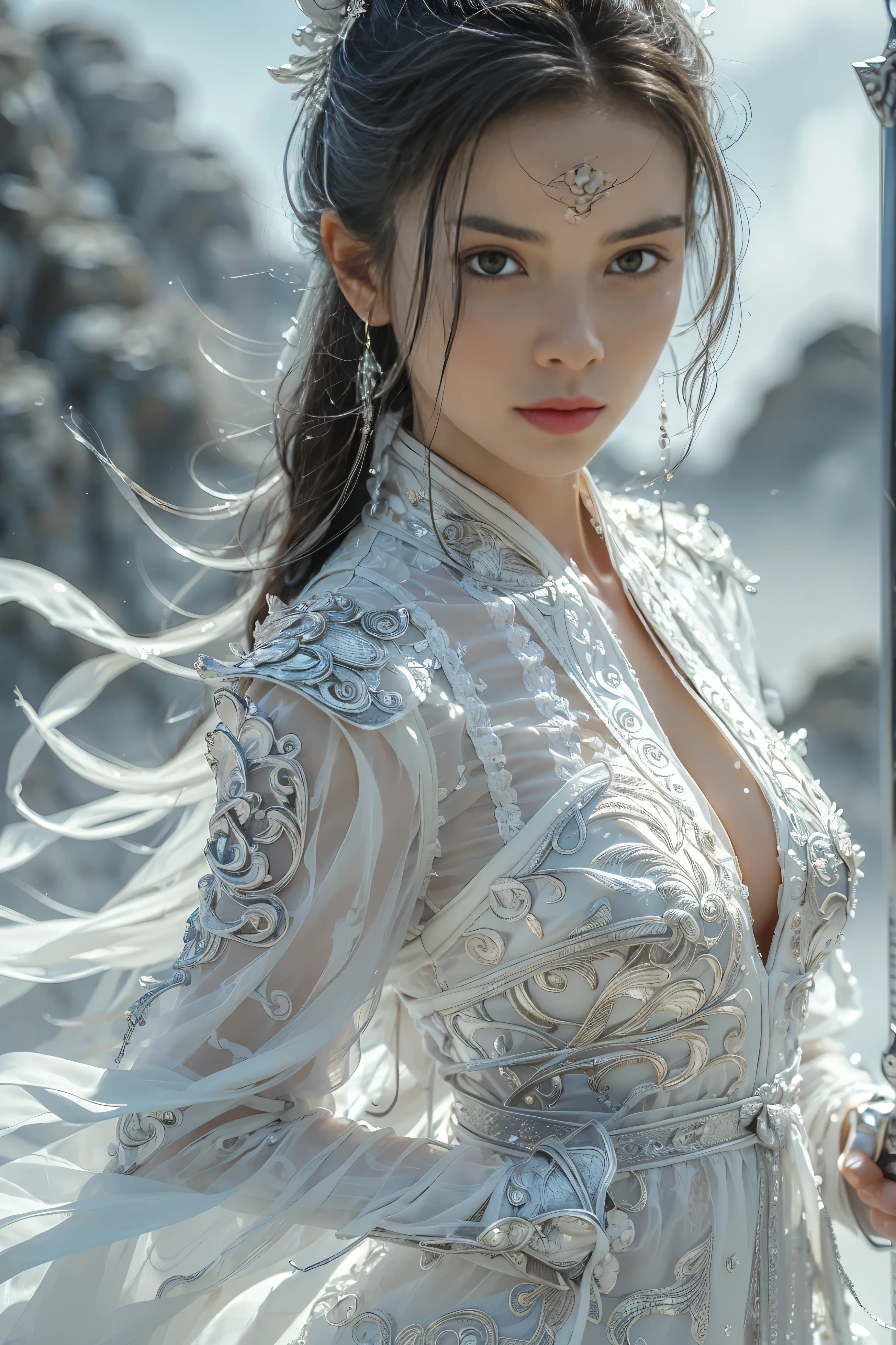 (masterpiece, RAW, 32K, UHD, hyper realistic, best quality), swordswoman,1girl (Beautiful face, supermodel) ,seductive smile, black hair ,blue sky, blurry, brown eyes ,closed mouth ,cloud ,day ,eyelashes ,grey eyes, holding sword, lips ,long hair, looking at viewer, mountain, snow ,solo ,sword ,water, weapon, wind ,winter, sword ,Hanfu, Masterpiece,Game art,The best picture quality,Highest resolution,8K,(Portrait),Unreal Engine 5 rendering works,(Digital Photography),((Portrait Feature:1.5)), 20 year old girl,Short hair details,With long bangs,(The red eye makeup is very meticulous),(With long gray hair:1.4),(Large, full breasts),Elegant and noble,Brave and charming, (Future armor combined with the characteristics of ancient Chinese armor,Hollow design,Power Armor,The mysterious Eastern runes,A delicate dress pattern,A flash of magic),Warrior of the future,Cyberpunk figures,Background of war, Movie lights,Ray tracing,Game CG,((3D Unreal Engine)),OC rendering reflection pattern