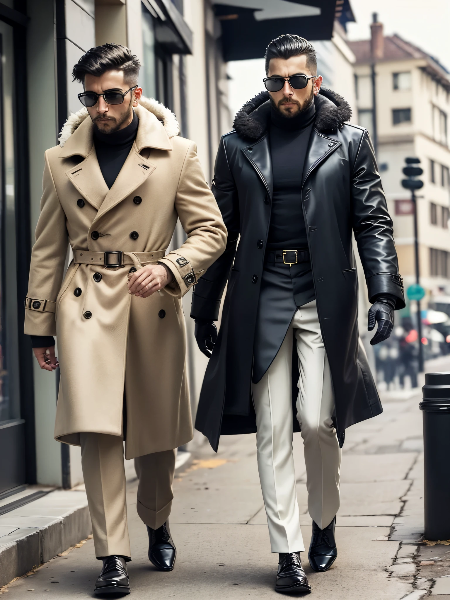 man in coat and sunglasses walking down a street, high fashion male appeal, wearing animal fur clothes, jaguar, high quality fashion photo essay, menswear, wearing a jaguar synthetic leather trench coat, inspired by Rajesh Soni, style of anton fadeev, by derek zabrocki, wearing a jaguar synthetic leather coat, Dress with expensive clothes