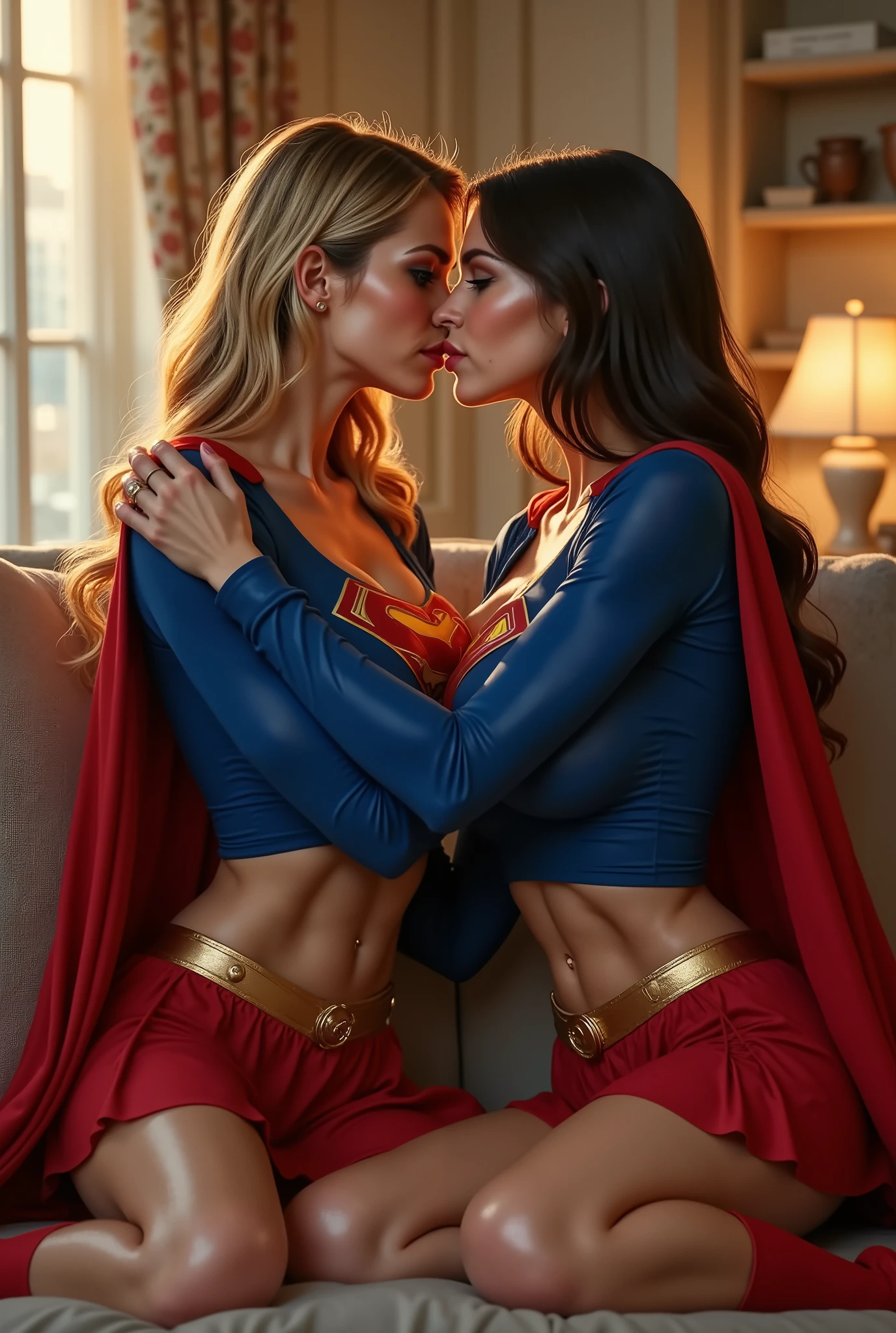 2 INTIMATE SUPERGIRLS HAVING HOT PASSIONATE SEX IN BED. WEARING IDENTICAL SUPERGIRL OSTUMES AND CAPES. ONE EATING THE OTHERS WET CUM COVERED PUSSY.
