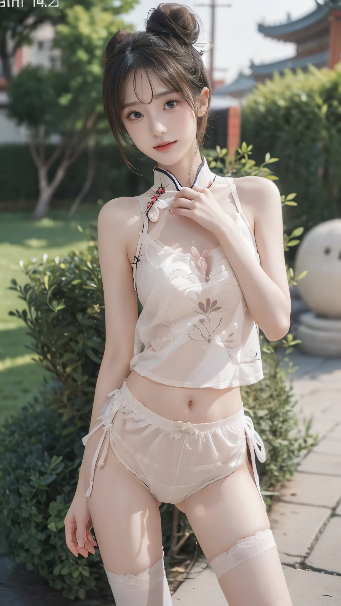 masterpiece, 8k, RAW photos , TOP QUALITY, (( slender girl )), ((Baby Face)), tank top、(Emphasized breasts:1.2、Upward bust)、( small nice ass、 sexy ass 、beautiful hip line)、( detailed legs:1.2, thin thighs:1.3, beautiful feet:1.2)、(High Knee Socks), ( detailed hands:1.3, perfect right hand:1.3, fine fingertips down to the smallest detail:1.2)、( Detailed Eyes and Faces :1.2, Professional Shooting Techniques ), ( beautifully shaped crotch:1.2), (cute character pattern underwear:1.5), (cute bun hairstyle:1.4, Chinese style hairstyle :1.5), (tight waist:1.3), (looking at the camera:1.2, Playful expression:1.5), ( See-through Outfit )