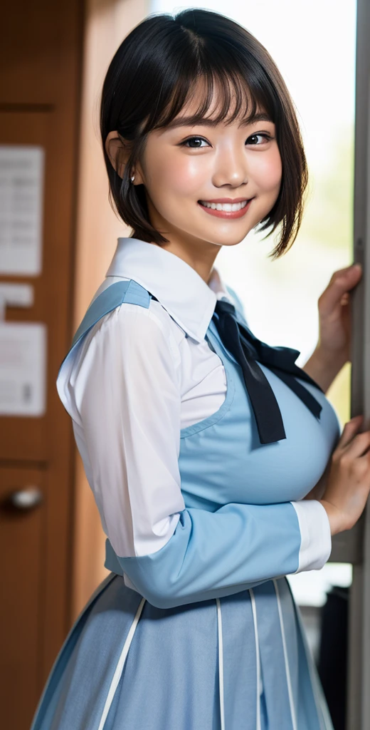 Girl, Single, Top Quality, Upper Body, Beautiful, Pretty, Radiant, Breast-Large, Short Hair, Masterpiece, Cat Eyes, Uniform, Black Hair, Big Ass, Smile