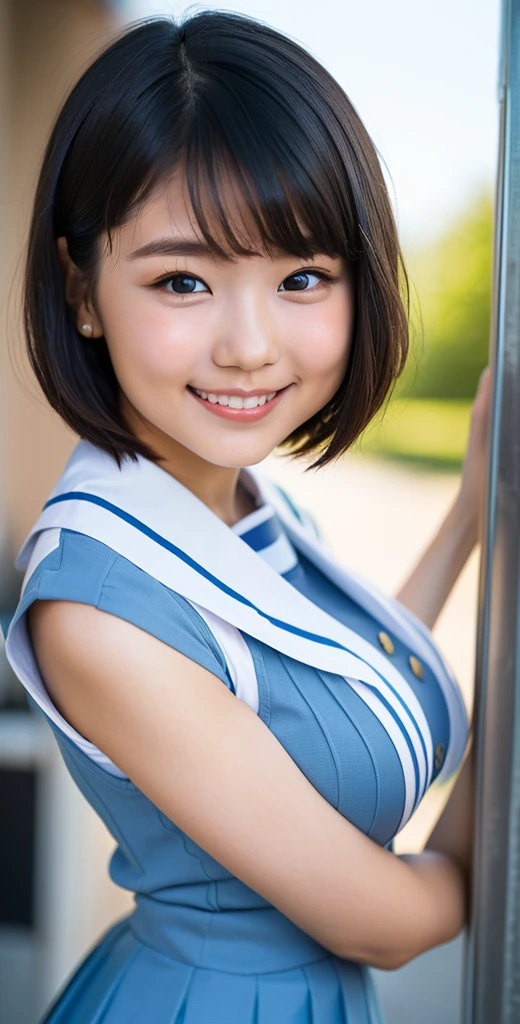 Enhanced dynamic perspective,Cute cute 15 year old beautiful girl,((School uniform, Short sleeve shirt))、Short pleated skirt、Look at me and smile,simple backgound,Works of masters,high quarity,4K resolution,super-fine,Detailed pubic hair,acurate,Cinematic lighting,Leaves the original facial proportions、((Huge breasts))、((buttonGap)), ((cleavage of the breast))