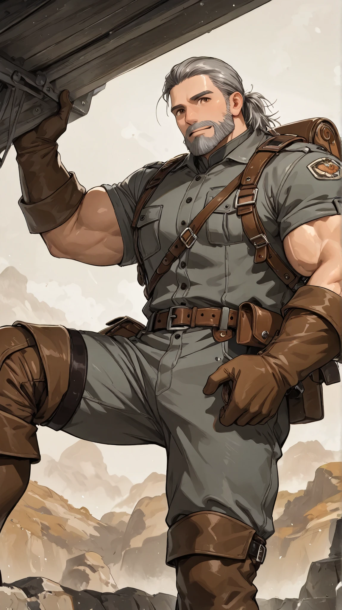 1man, giant size, muscular, gentle face, brown eyes, black and grey beard, practical outfit, (earthy tones), brown boots, dynamic background, absurdres