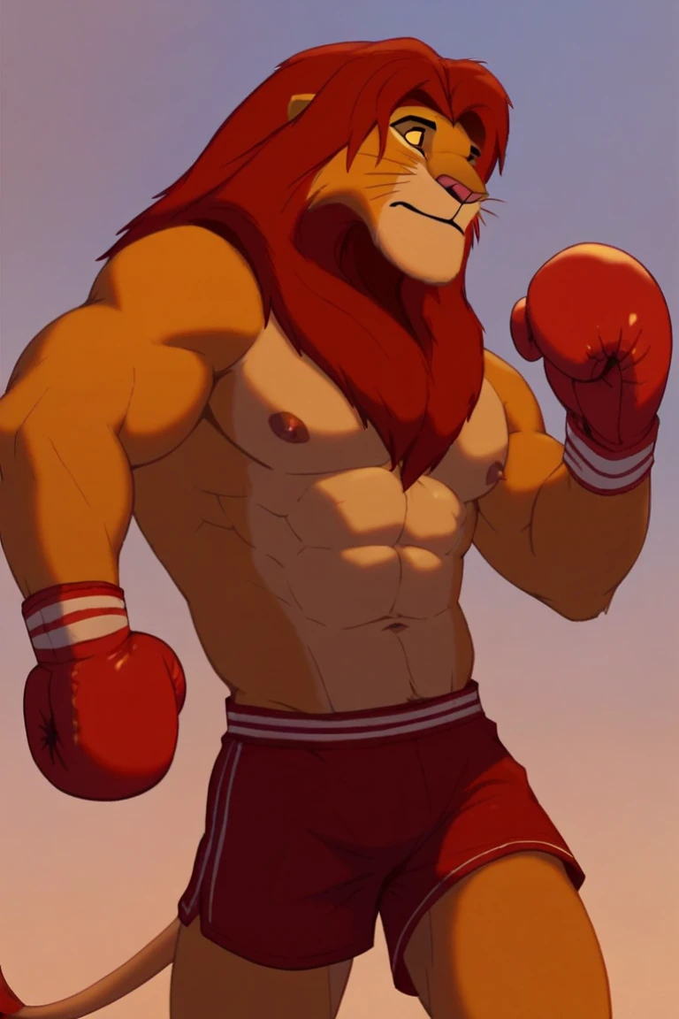 (extremely detailed and realistic masterpiece of an) ((male anthro lion)) with (muscles) and (athletic build), featuring (correct anatomy:1.5) and (detailed sweat droplets:1.6) glistening (sweat:1.3) and emphasized, (collapsed and bent down) with an (exhausted and panting steamy breath:1.3). He's wearing (boxing gloves) and (shorts), kneeling alone in the (boxing ring) showcasing his (hard work and dedication). Barefeet. Pools of (sweat:1.3) forming under him.