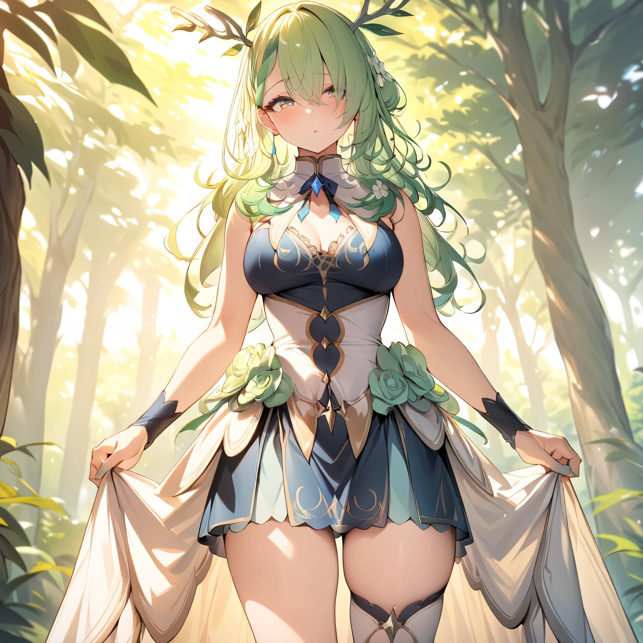 fantasy, 1forest_elemental_girl, (dark_skin)0.9, (using_leaves_clothes, green_leaves_covered_breasts, leaves_covered_pussy)+++,medium_breasts, walking, (smile, sleepy)+, medium_hair, navel, oil, (winding_vine_around_torso)++, forest_background, leaves_headgear, green_leaves_cape,armpits, spread_arms, large_staff, thighhighs,