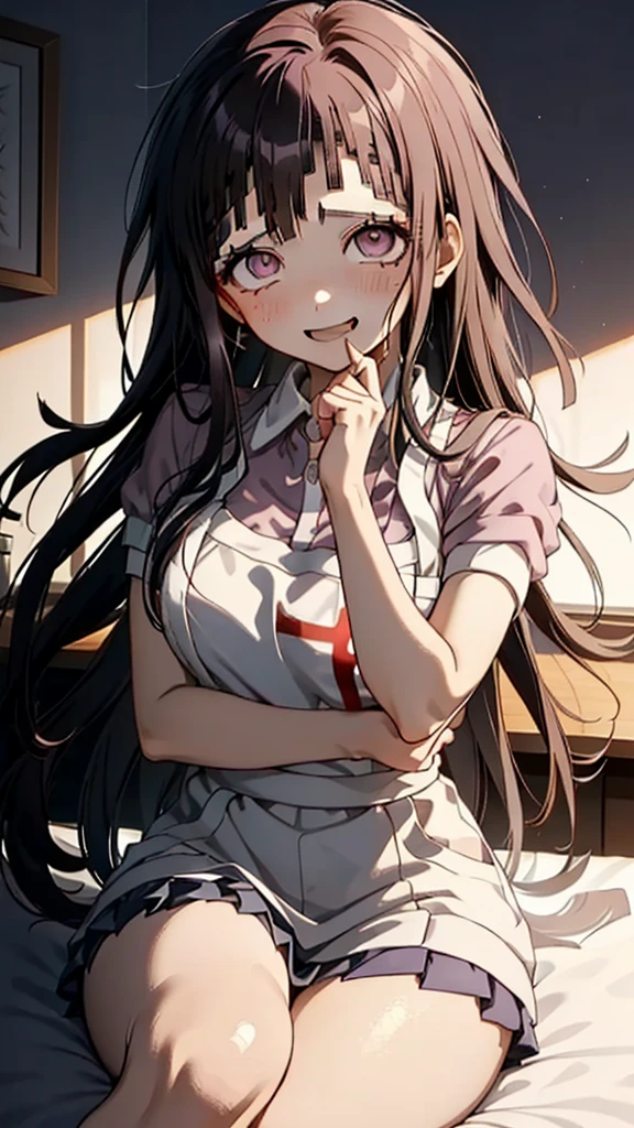 ((mikan tsumiki)), long hair, purple hair,(purple eyes:1.1),bangs, blunt bangs,Pants,(( danganronpa style:1.4)), shy break (apron), bandageを巻かれた足,bandage,collared  shirt, mini skirt,(pink  shirt), pleated  skirt, puffy Short sleeve, puff sleeve, shirt,Short sleeve, skirt,two-tone  shirt, White apron, white  shirt,break looking at viewer,break ((sit on the bed:1.1)),  spread her arms,sleeveless, (place your arms behind your head),
break ( masterpiece:1.2),high resolution,  Unity 8K Wallpaper , (shape:0.8), (in more detail:1.5),very detailed face, perfect lighting, Highly Detailed CG,( perfect hands, perfect anatomy),(:1.1),(I was hugged:1.1),((Swirl eyes:1.4)),(( vulgar ahe face:1.4)),(Messy Hair:1.3),(big eyes:1.2),((mentally broken:1.3)),(( Crazy Smile :1.4)),(Evel Glynn:1.3),(( excited:1.1)),((:1.3)),hands to cheeks,(((Extremely vulgar:1.3))),((Swirl Eyes :1.3)),(disappear:1.2)