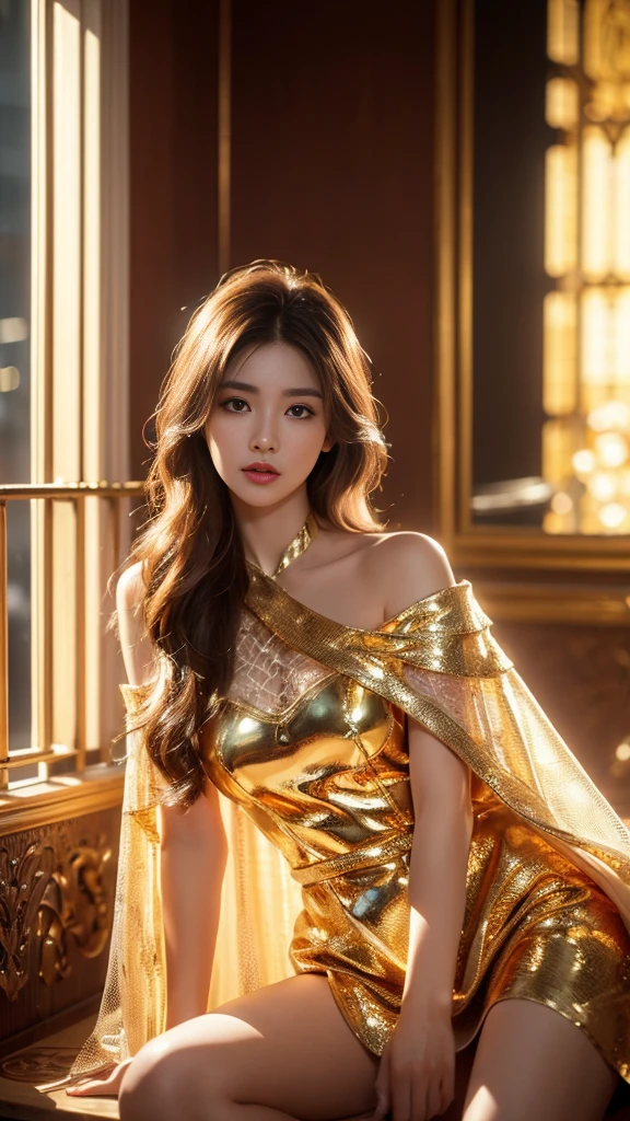 8K, UHD, MAsterpiece, best quality, 1 girl, (realistic face), happy pace, very long hair, small breasts, decorated dress, very beautiful ornaments dress, golden color, lace, mesh dress, sardine, loops, in the balcony, ipllers, depth of field, cinematic lighting, chromatic aberration, motion blur, glowing light, god rays, ray tracing, reflection light, backlighting, knee short, sitting,