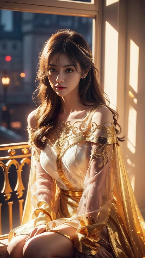 (disorganized, High resolution, super detailed), 1 girl, Constellation - Aries Goddess , alone, mature, baroque, long dress, long sleeve, elegant, colorful, most detailed, Upper body , sunset hair . eyes of fire . Brave, purposeful, productive, The face of an enterprising humanitarian .